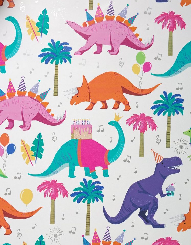 Thumbnail - Star Geschenkpapier, Geschenkpapier Dinosaurier mit Partyhüten 70cm x 2m Rolle bunt