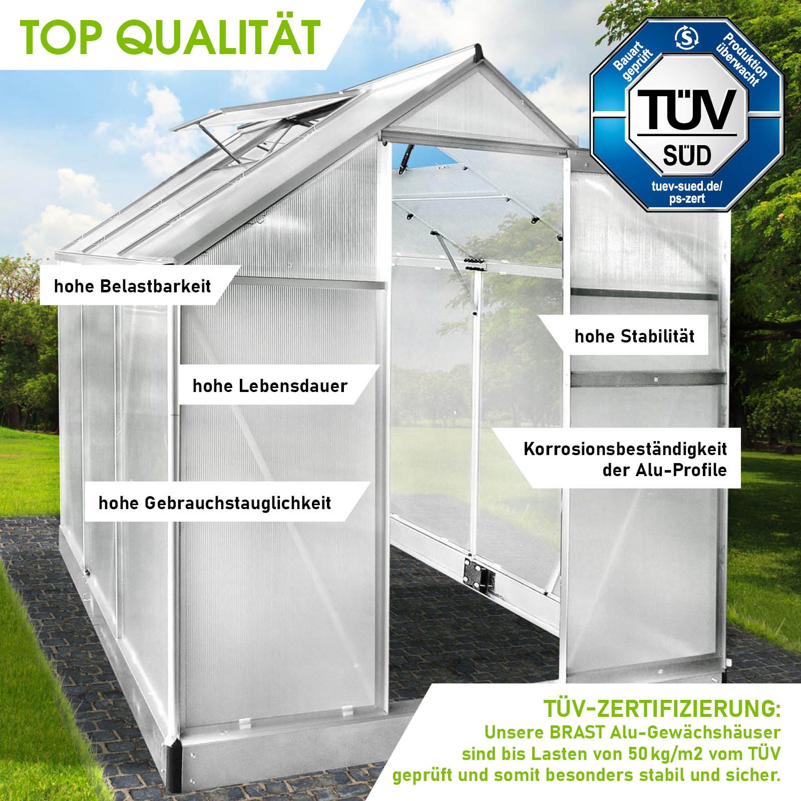 BRAST Gewächshaus Aluminium mit Fundament rostfrei 190x190x195cm TÜV geprüft, BxTxH: 190 x 190 x 195 cm, wetterfestes hochwertiges Aluminium, Temperaturbeständig, Wärmedämmend, Lichtbrechend & UV-stabilisiert