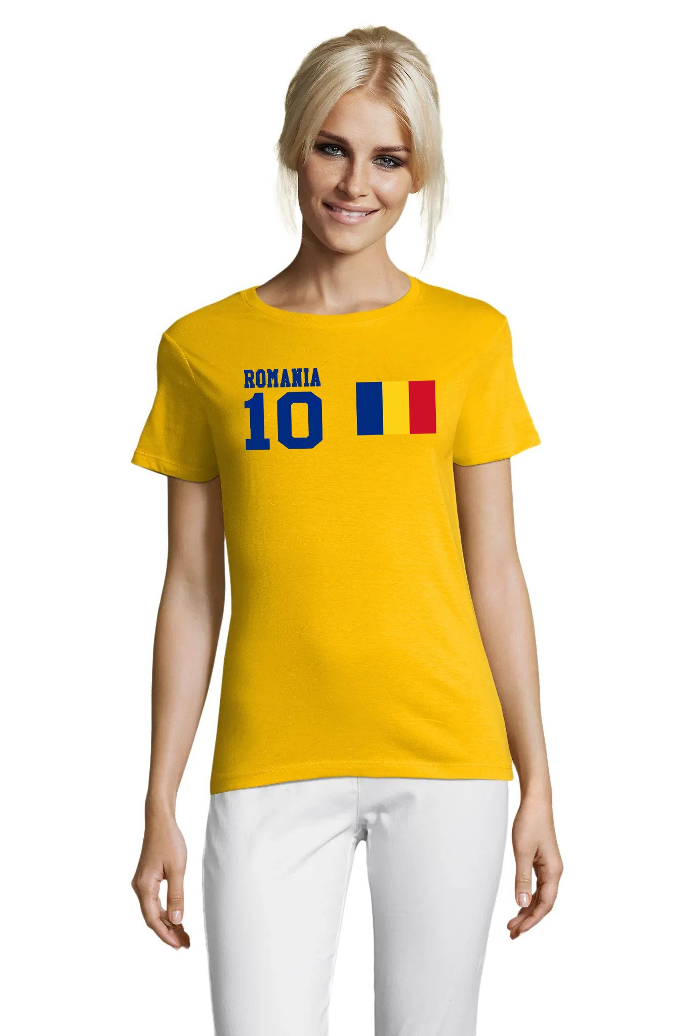 Blondie & Brownie T-Shirt Rumänien Damen T Shirt 10 Flagge Fußball Style Casual Freizeitlook Romania Flag Style Damen Shirt Edition