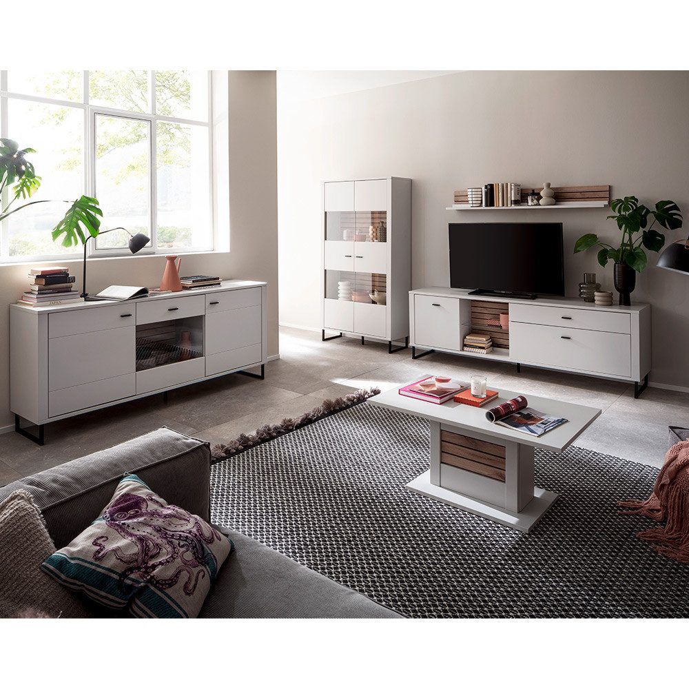 Lomadox Wohnzimmer-Set LAUREANA-05, (Mega-Spar-Set, 5-St., Sideboard Vitrine Wandboard Lowboard Couchtisch), Wohnwand Wohnzimmermöbel, weiß mit Eiche