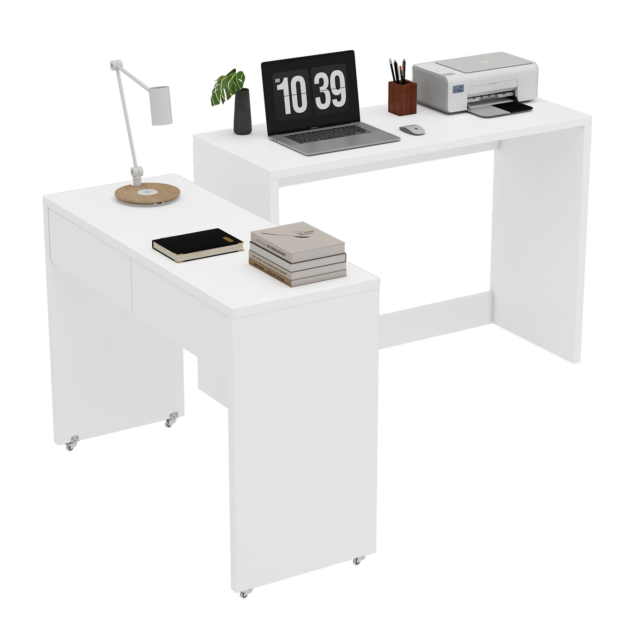 Flieks Schreibtisch Regalschreibtisch & ausziehbare Kommode 2-in-1 Kompaktschreibtisch (flexibel kombinierbar Tisch, 2-St., 2er Set), Arbeitstisch Bürotisch Computertisch mit Schubladen und Rollen Weiß