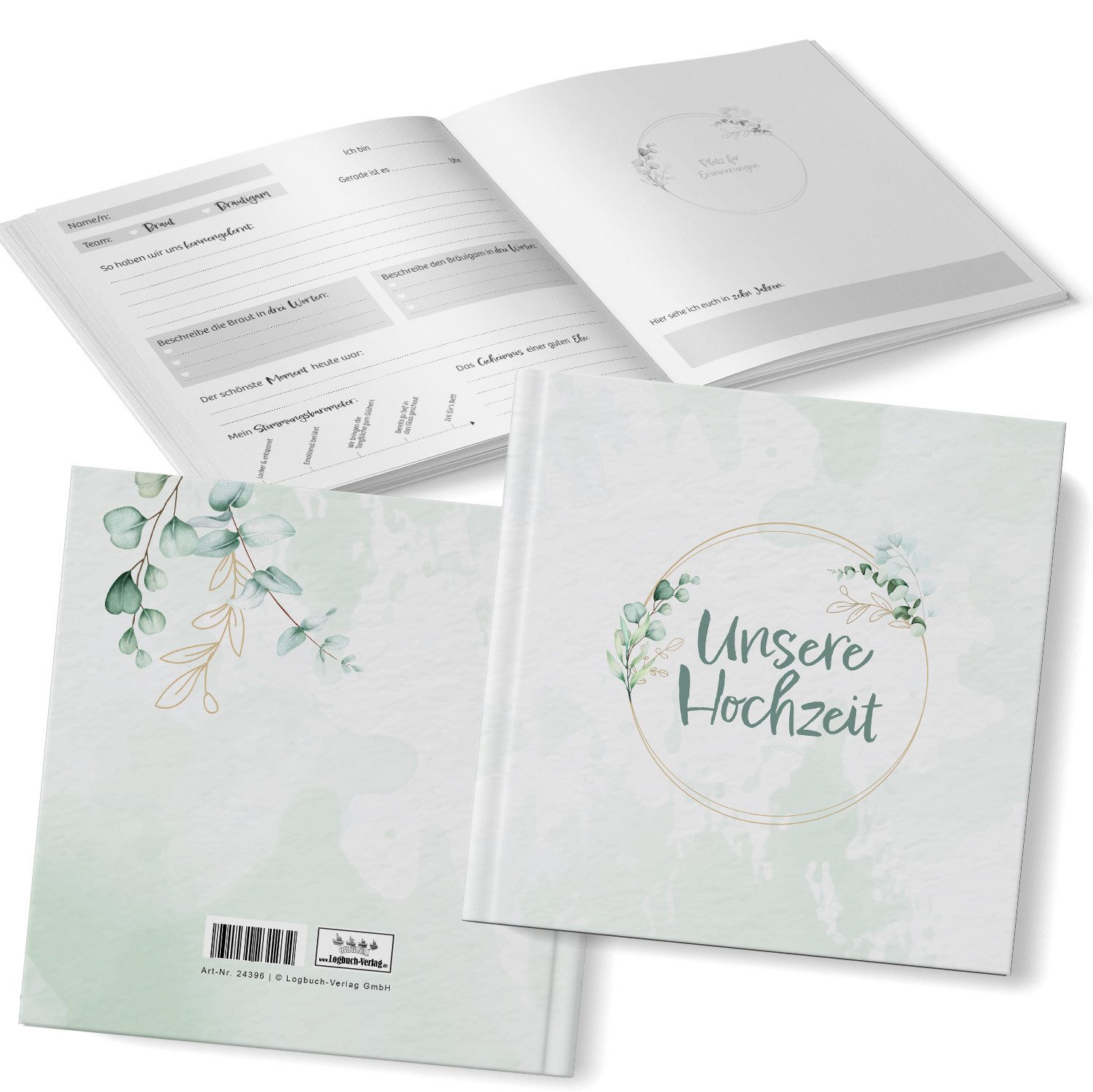 Logbuch-Verlag Tagebuch Eukalyptus Gästebuch Hochzeit mit Fragen, grün weiß 21 x 21 cm