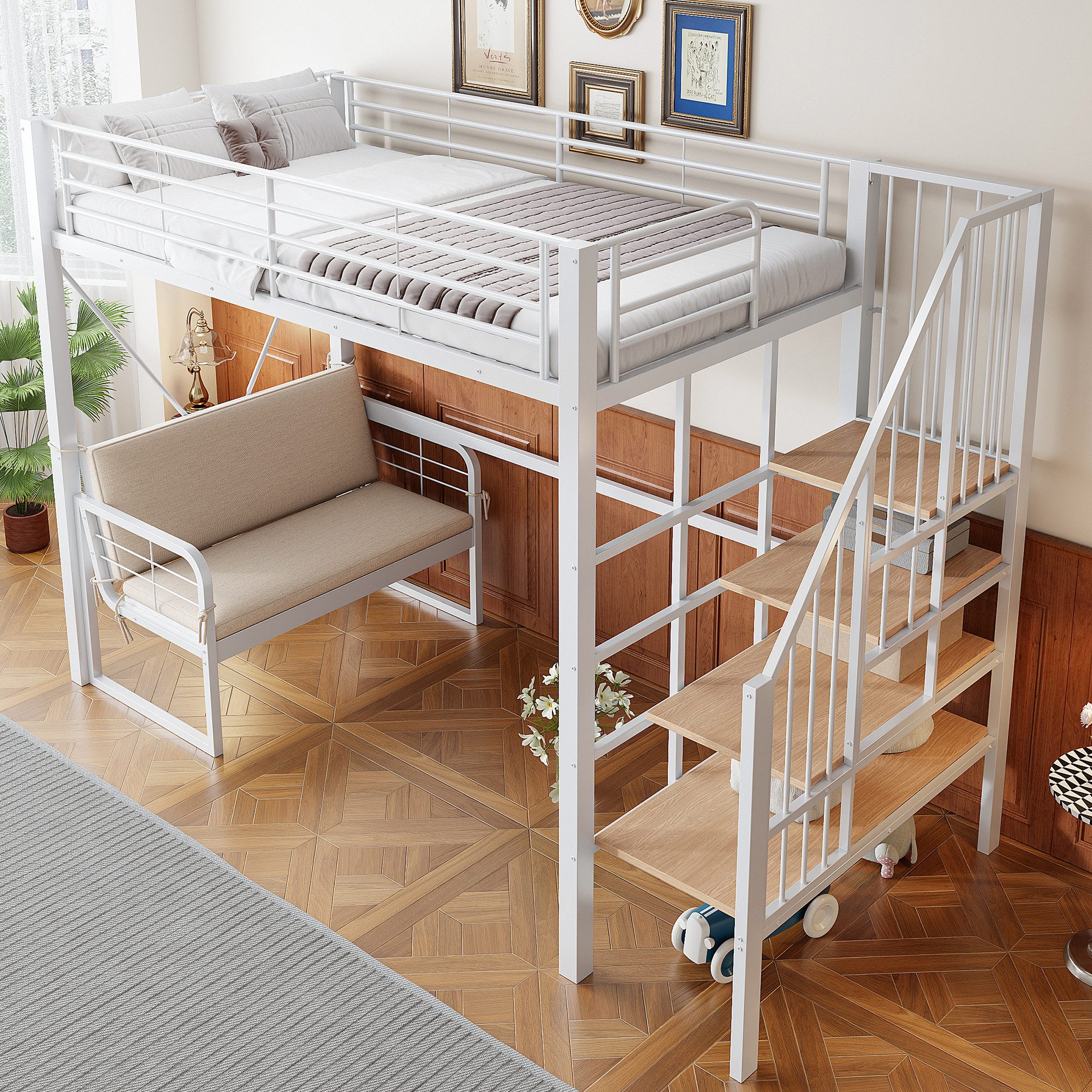 STILVORA Hochbett 90x200 mit Matratze Jugendbett mit abnehmbarem Polstersofa Stauraum (Funktionbett mit stabilem Metallrahmen Sicherheitstreppe, Langlebigkeit, Stil und Funktionalität) für Jugendliche und Erwachsene