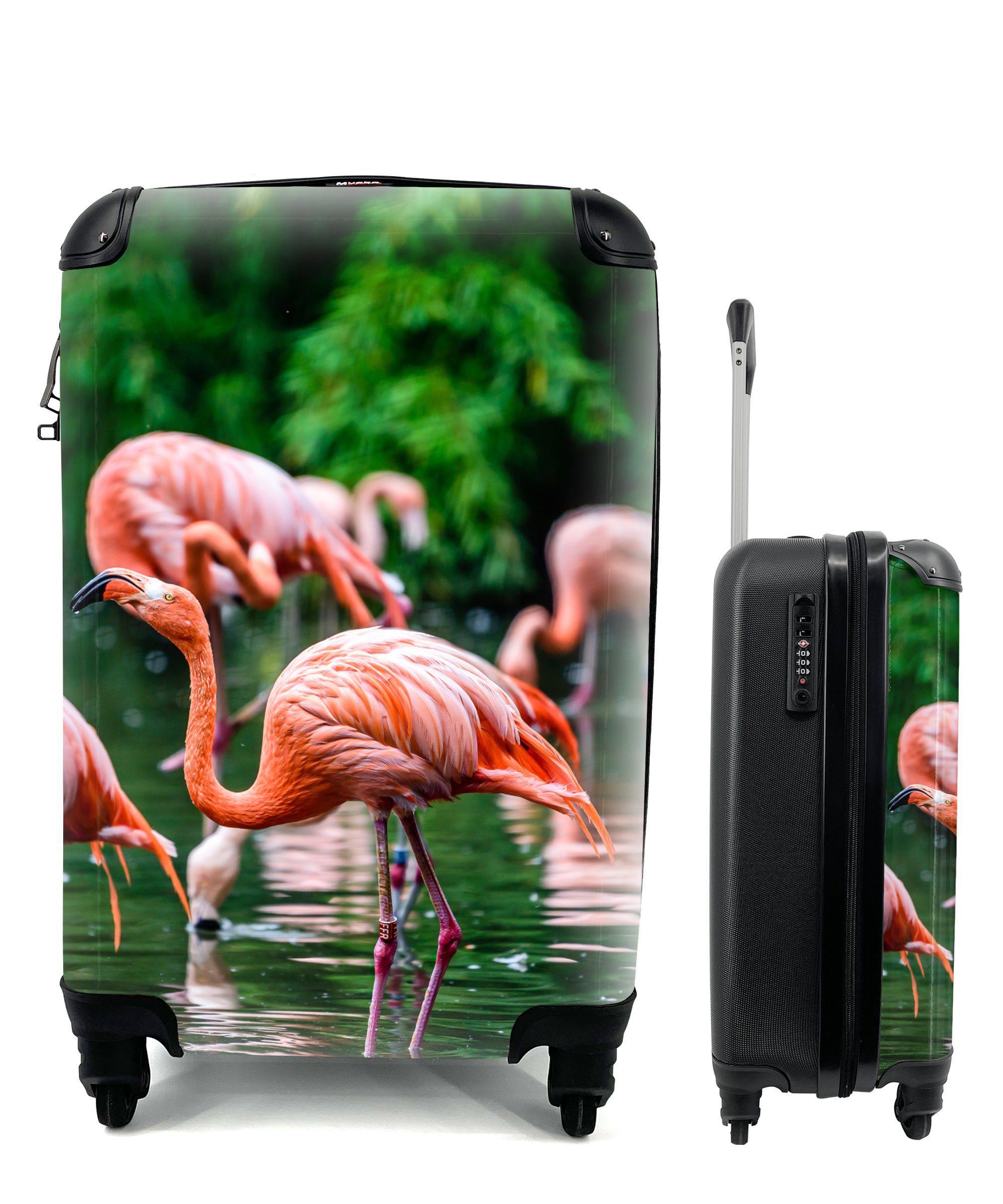 Rosa, Vogel rollen, Rollen, Flamingo Reisetasche - - - MuchoWow 4 für Handgepäckkoffer Trolley, Ferien, Reisekoffer Tropisch mit - Handgepäck Wasser