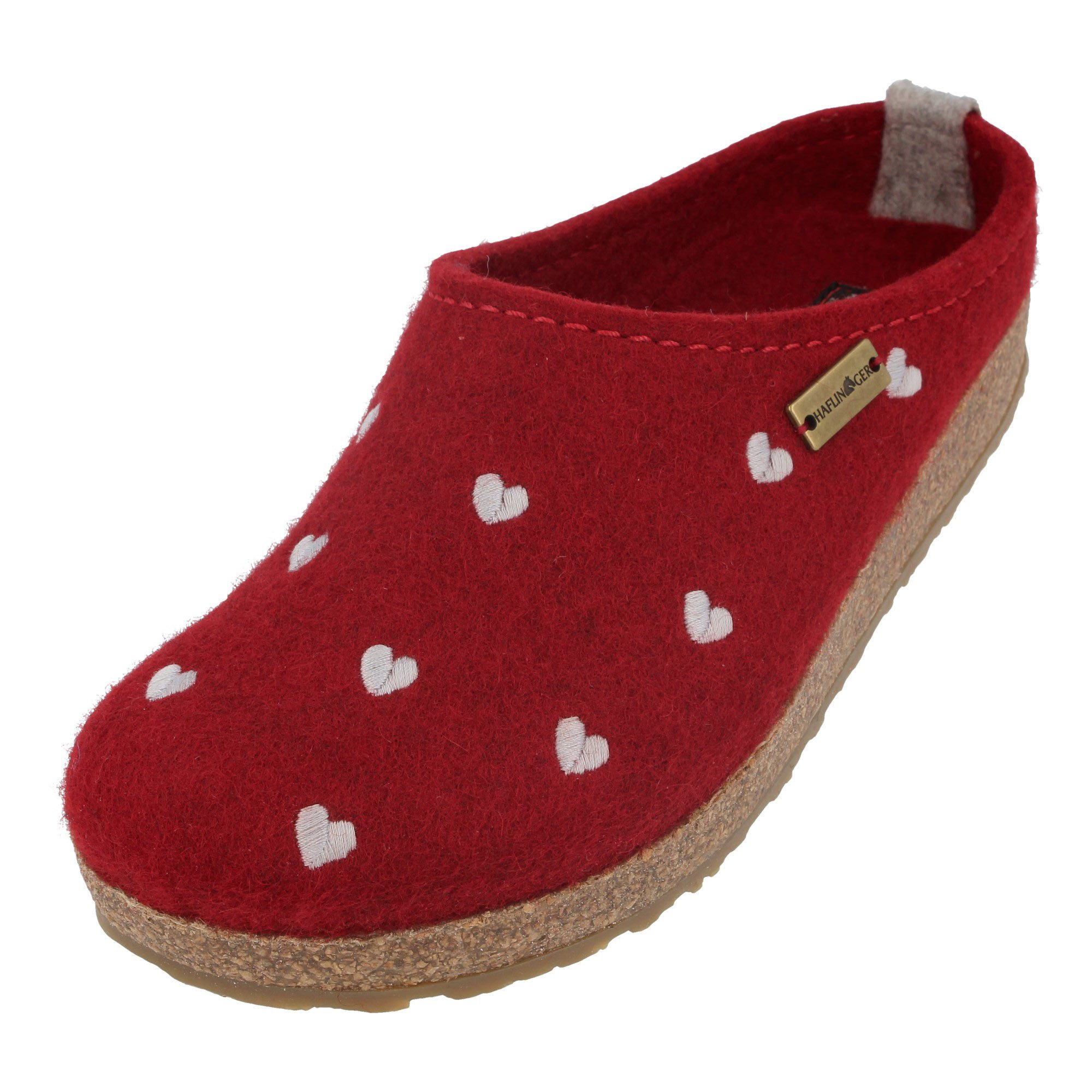 Haflinger Grizzly Cuoricino Filzclog aus reinem Wollfilz Unisex Herzmotiv Hausschuh