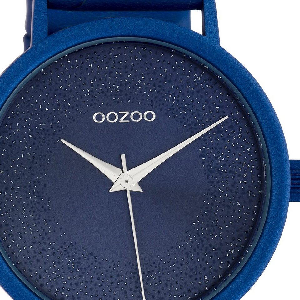 blau, OOZOO Damenuhr rund, Damen (ca. Fashion-Style, 40mm) Oozoo groß Zifferblatt Armbanduhr Lederarmband, Quarzuhr glitzerndes