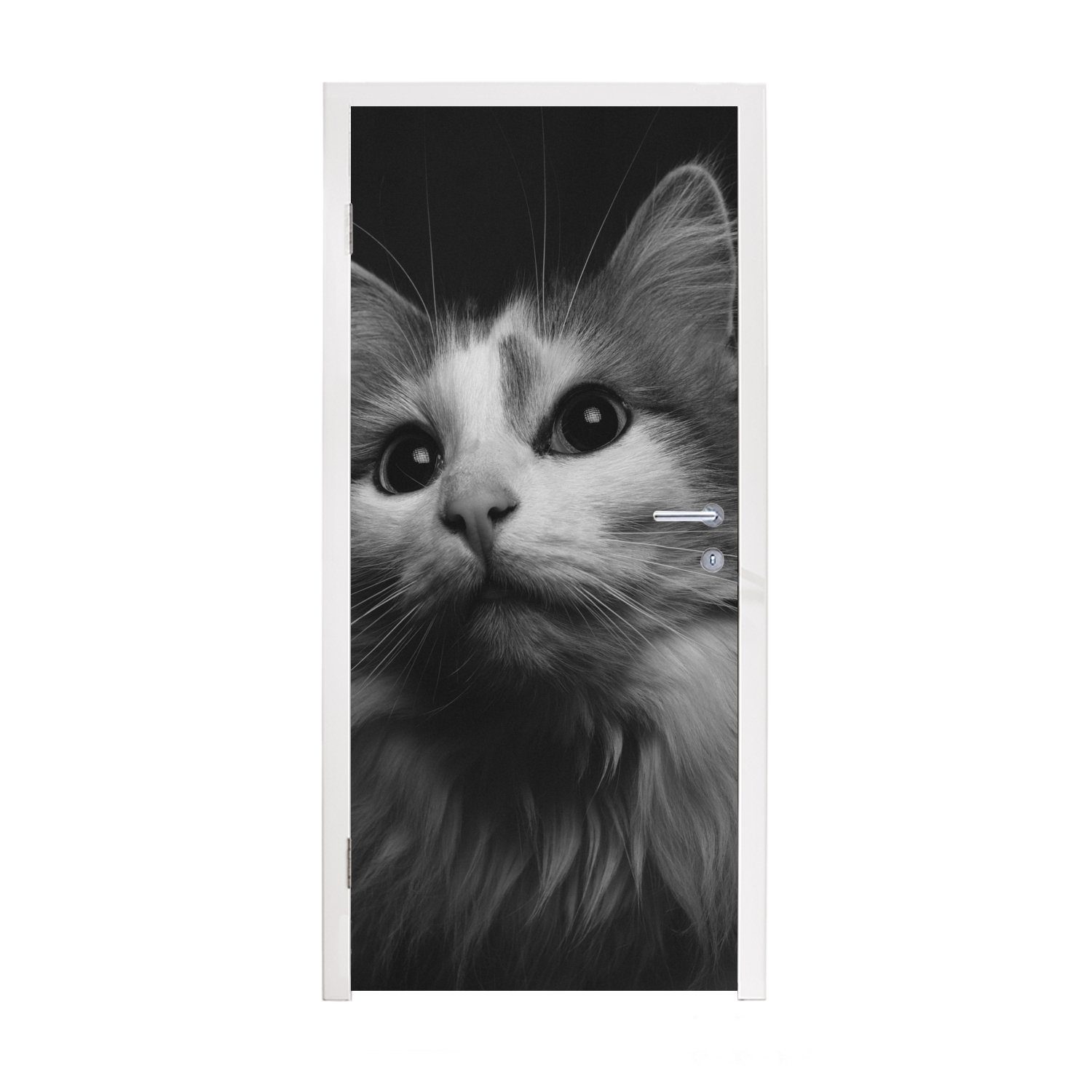 MuchoWow Türtapete Tierprofil Katze in schwarz und weiß, Matt, bedruckt, (1 St), Fototapete für Tür, Türaufkleber, 75x205 cm