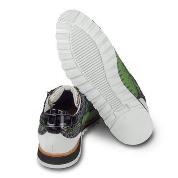 Lorenzi Leder-Sneaker grün/creme mit Schlangen-/Reptil-Prägung, Reißverschluß Sneaker Handgefertigt in Italien