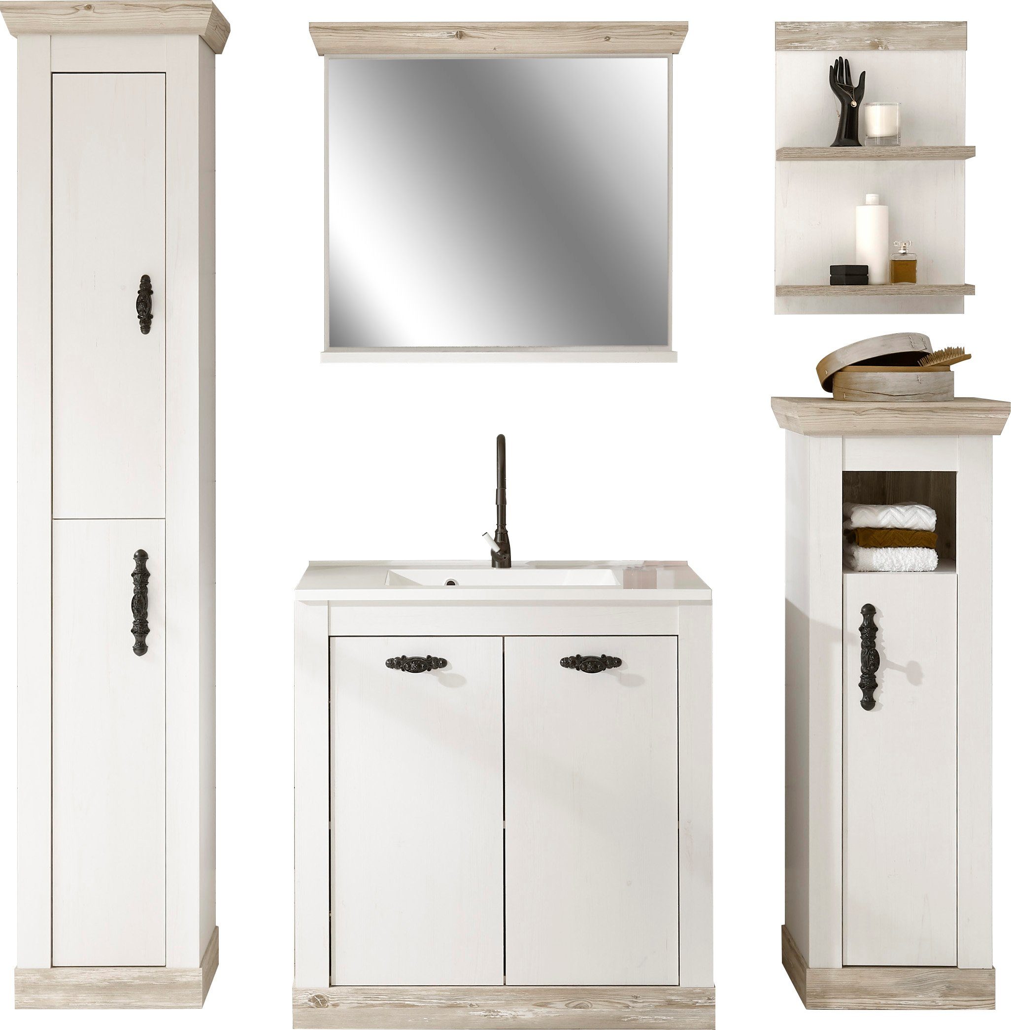 Home affaire Badmöbel-Set Florenz, Bad im Landhausstil, 5-teiliges Badezimmer, (5-St), Waschtisch, Schränke, Wandregal und Spiegel, in Pinie Weiß, Stauraum