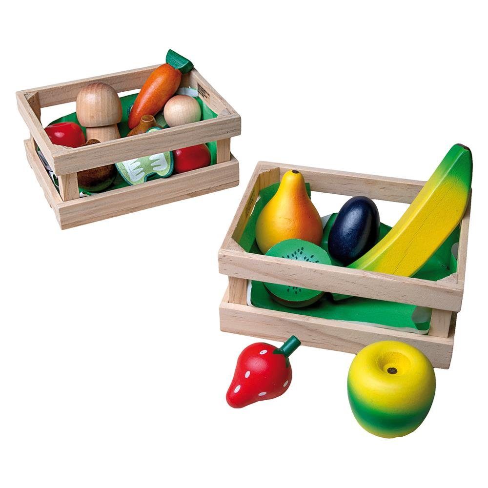 Happy People Spiellebensmittel 45005, Holzkorb, mit Obst oder Gemüse, aus Holz, 1 Kiste zufällig