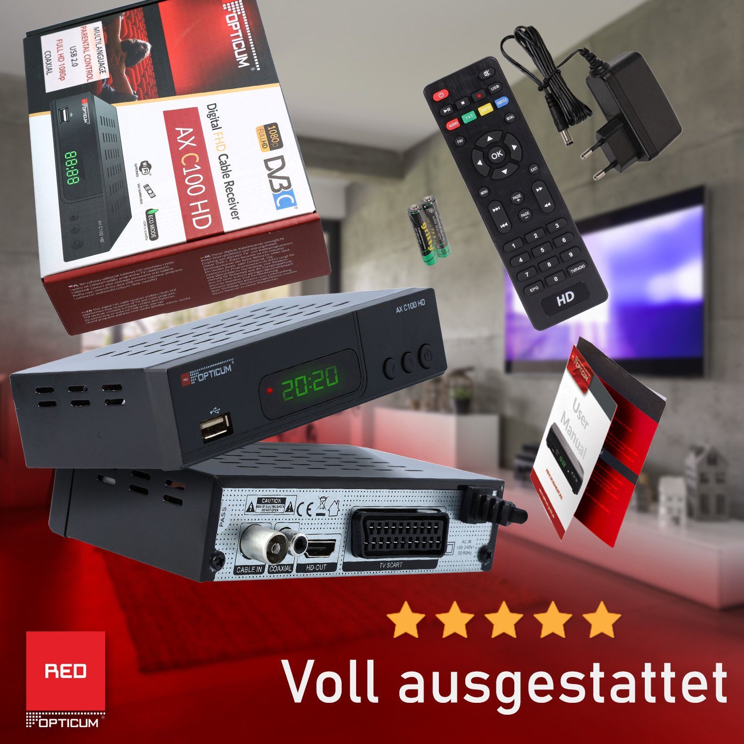 RED OPTICUM HD AX (EPG, HDMI, HD DVB-C C100 Full Kabel-Receiver Kabelfernsehen) USB, SCART, für schwarz Receiver mit Aufnahmefunktion Receiver Coaxial Audio