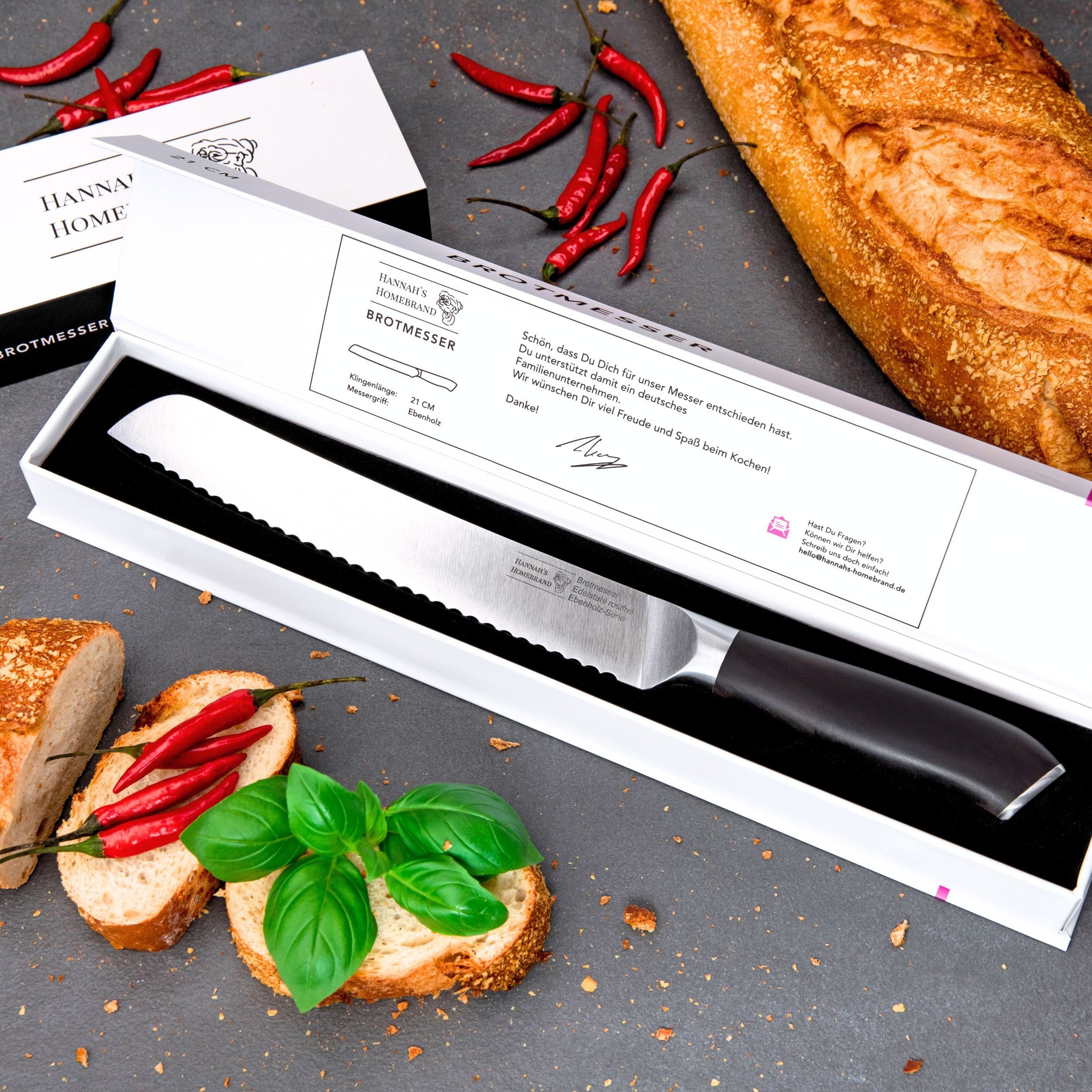 Hannah's Homebrand Brotmesser mit flachem Wellenschliff aus Ebenholz, Brotmesser mit verblüffend leichtem Schnitt