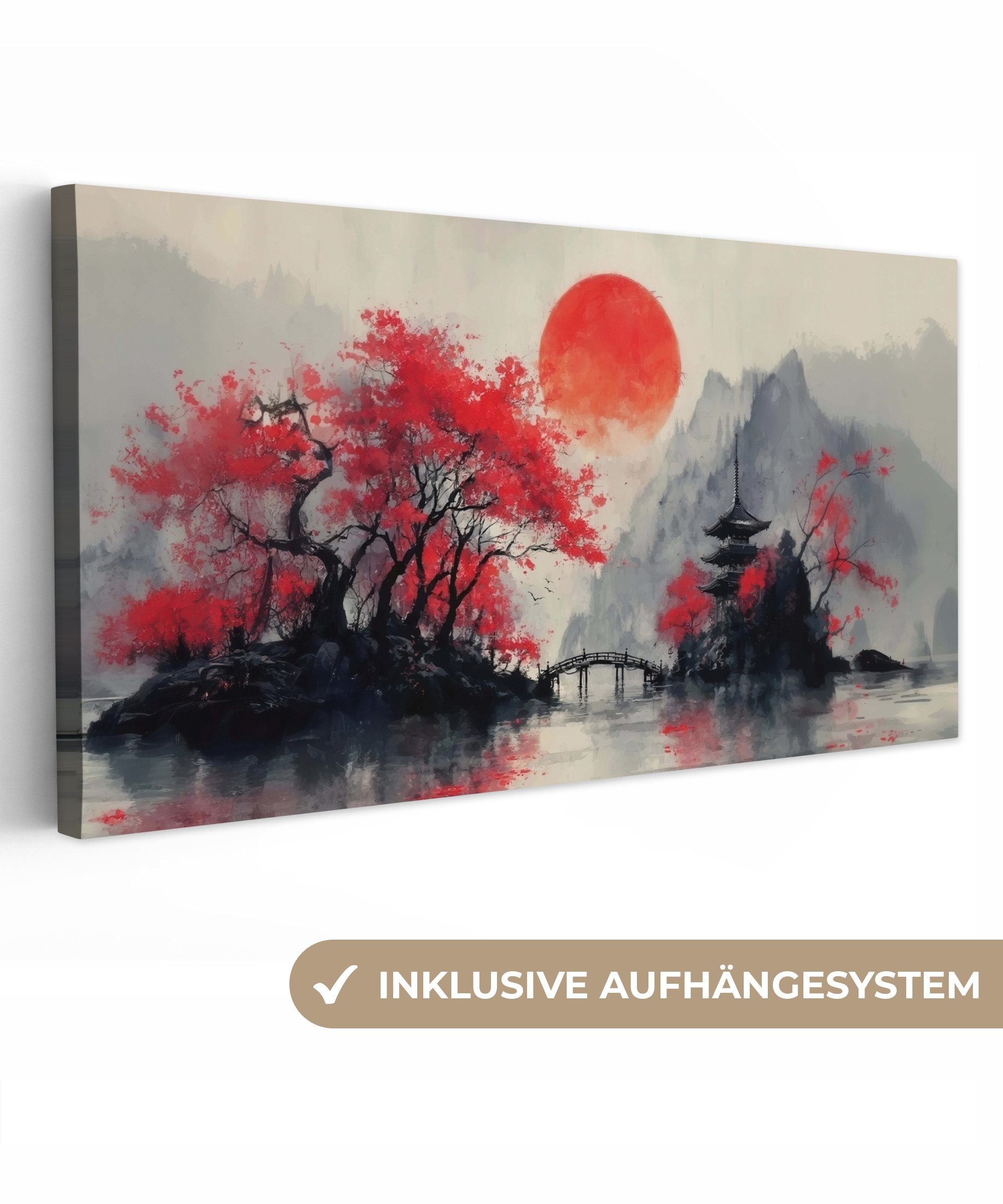 OneMillionCanvasses® Leinwandbild Panorama Rote Sonne - Fluss - Brücke - Bä günstig online kaufen