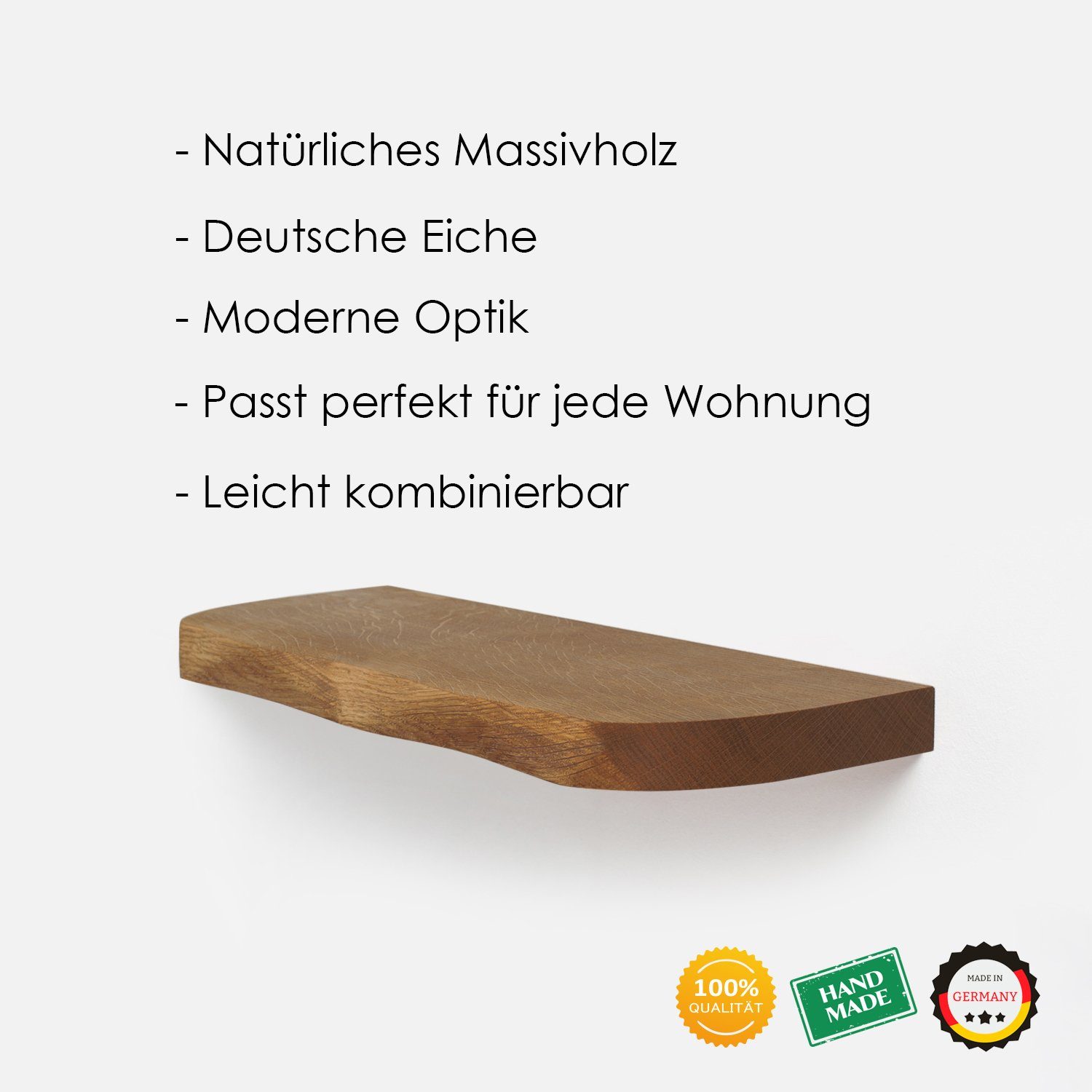 Wandregal - in Regal mit geschwungener Holz Rikmani Kante massiv Handgefertigtes Dunkel Germany Made NEMO, Eiche
