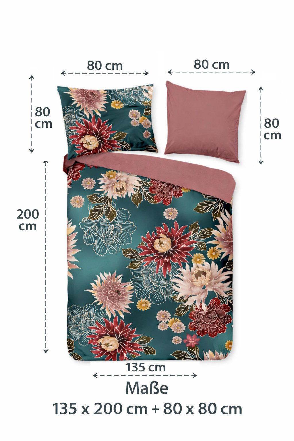 soma Bettwäsche Blumen Microfaser Set 135x200 cm mit Kissenbezug 80x80 cm in Petrol, Microfaser, 2 teilig, Weich,Pflegeleicht&Hautsympathisch mikrofaser 135x200 – Bild 5 von 5