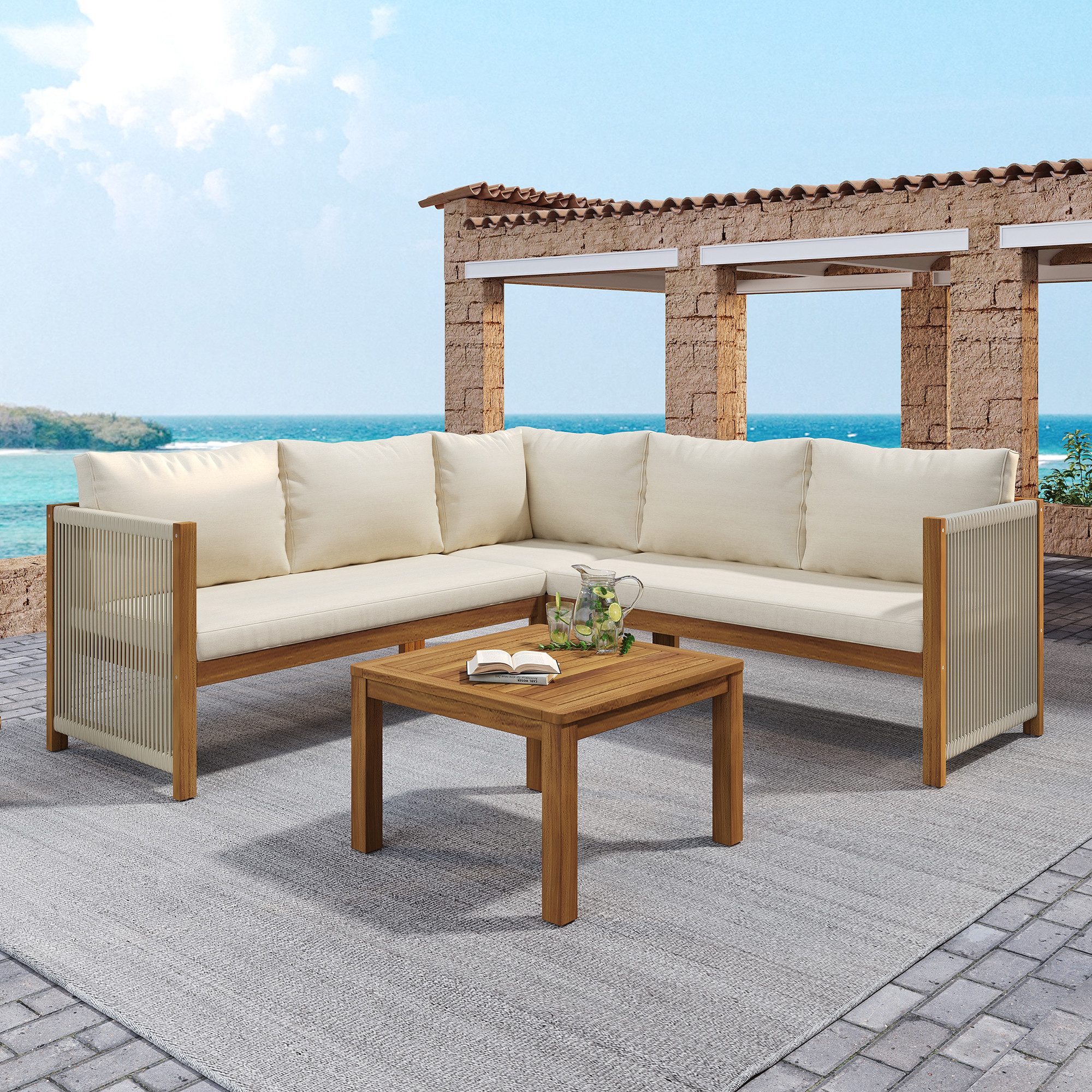 Merax Gartenlounge-Set aus Akazienholz und geflochtenen Seilen, (4-tlg., Sitzgruppe Gartengarnitur Balkonmöbel), 5-Sitzer Gartenmöbel-Set mit 2 2-Sitzer-Sofa, Ecksofa & Couchtisch