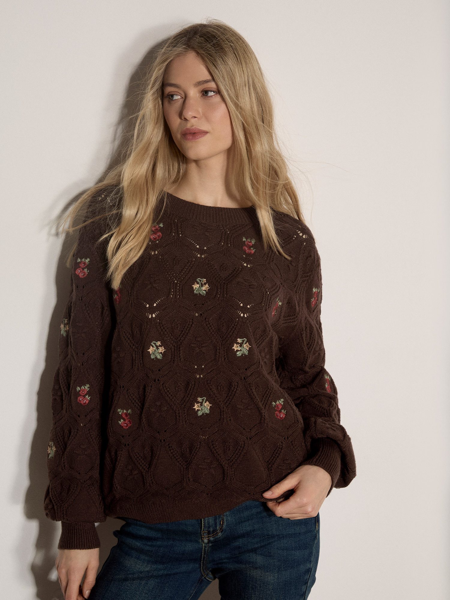 Apricot Strickpullover Oberteil aus Pointelle-Strick mit Blumenstickerei