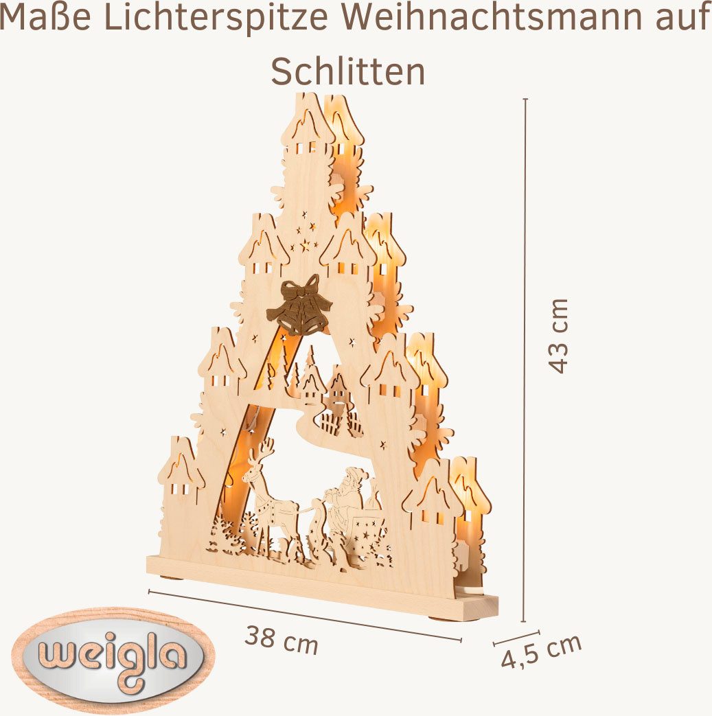 Weigla LED Schwibbogen Weihnachtsmann auf Schlitten, Lichterspitze aus Holz, Made in Germany (1-tlg), Erzgebirge garantiert, Weihnachtsdeko Innen, Weihnachtsbeleuchtung