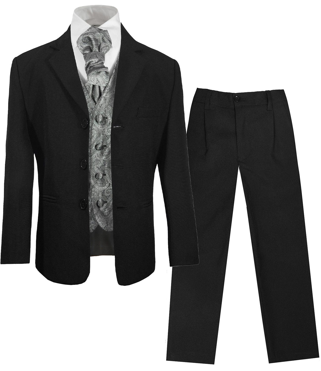 Paul Malone Kinderanzug 5-teilig Festlicher schwarzer Anzug für Jungen Kommunionanzug (Set, 5-tlg., mit Sakko, Hose, Hemd, Weste und Plastron) silber grau, KA20KV30-Plastron, 86/92 (1 Jahr)