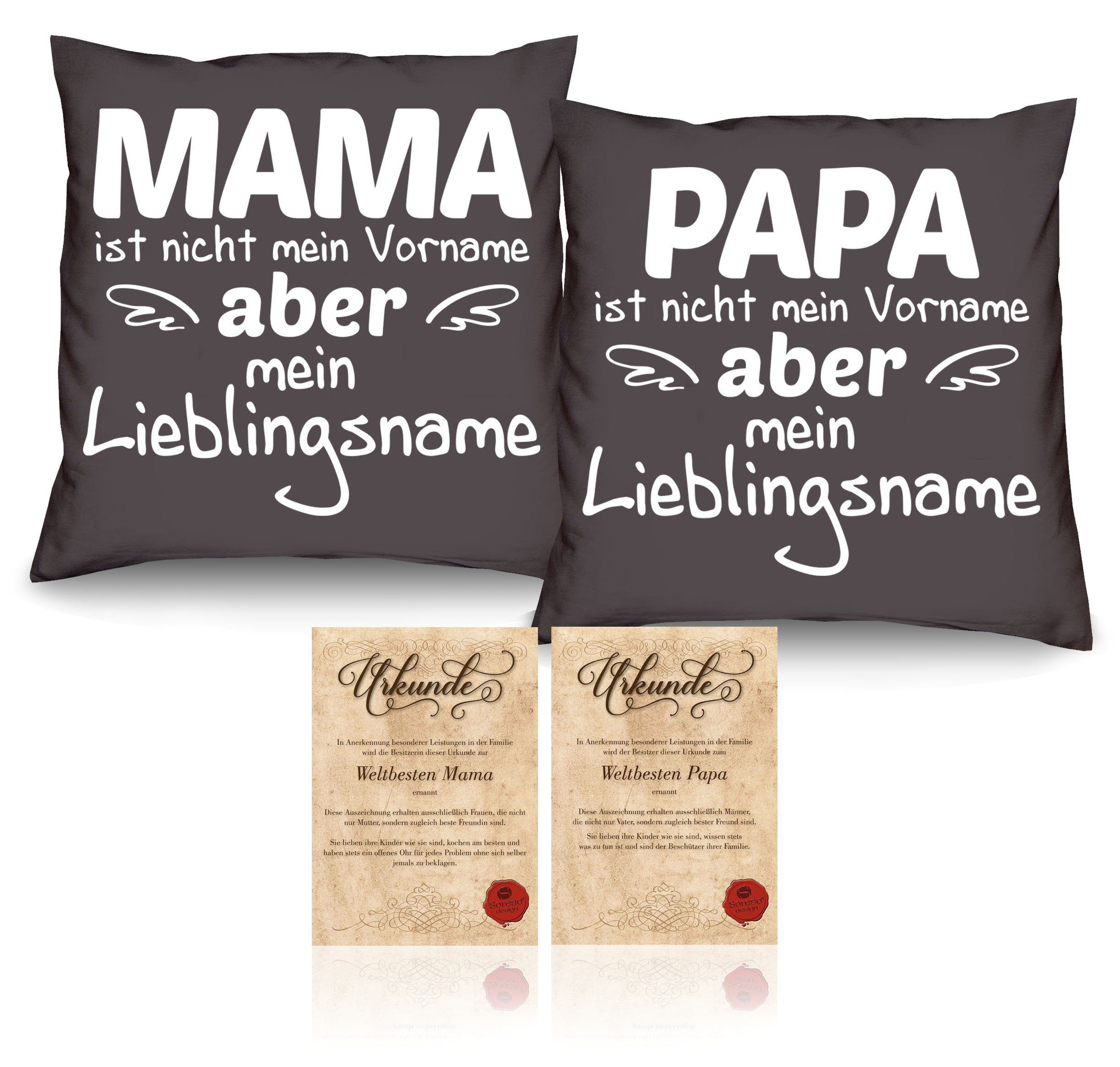 Soreso® Dekokissen Kissen-Set Mama Lieblingsname Papa Lieblingsname mit Urkunden, Weihnachtsgeschenk für Eltern anthrazit