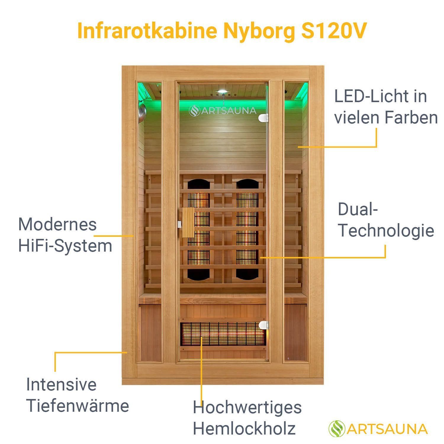 Artsauna Infrarotkabine Nyborg S120V Dual Technologie, für 2 Personen, Hemlock-Holz, HiFi-System, Ionisator, LED-Farblicht