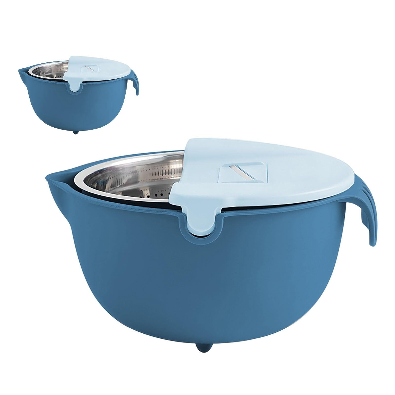 SURFOU Küchensieb 9-in-1 Küchensieb mit Schüssel & Gemüseschneider–Rotierbares Nudelsieb, (4L Multifunktionales Abtropfsieb mit Schüssel, 4 Schneideeinsätzen, Schneidbrett & Rührbesen – Praktisches Küchenzubehör, 9-St)