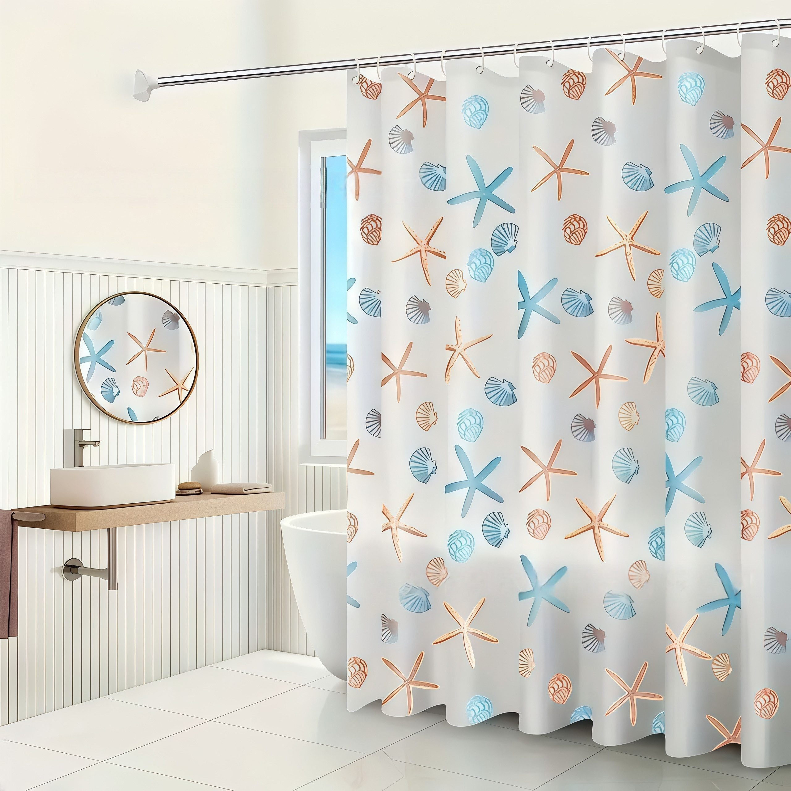 FOUORTUNATE-BEE Duschvorhang Wasserdichter Duschvorhang mit Seestern-Motiv für das Bad Breite 180 cm, Inklusive Ringe, pflegeleichter Vorhang für Dusche und Badewanne