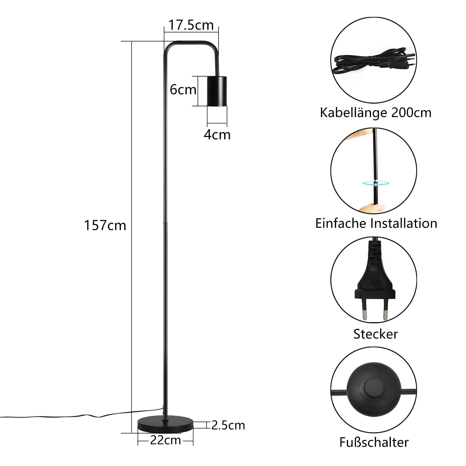 ZMH Stehlampe Wohnzimmer Vintage E27 Schwarz Stehleuchte Schlafzimmer Esszimmer, ohne Leuchtmittel, bogenlampe für Esszimmer, Arbeitszimmer & Hotel,kippsicheren – Bild 5 von 5