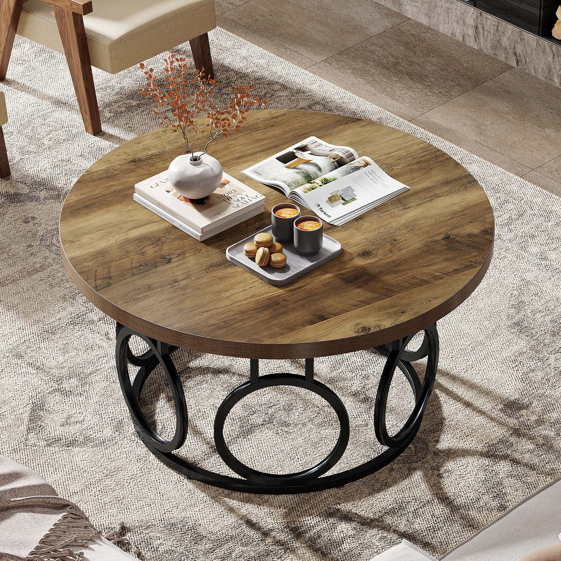 Tribesigns Couchtisch 80cm runder Beistelltisch mit Metallsockel, industrieller Mitteltisch – Bild 4 von 5