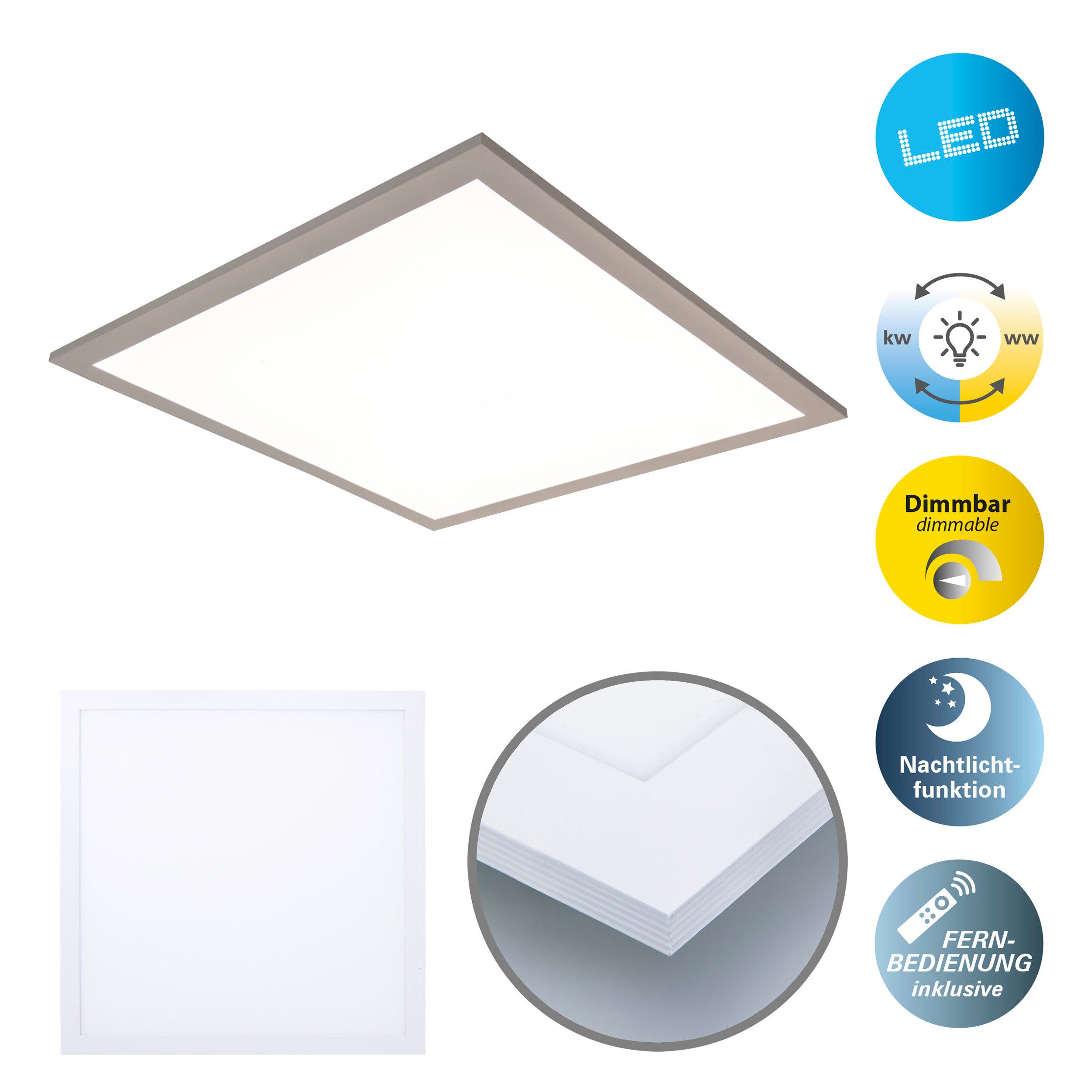näve LED Panel Nico, CCT - über Fernbedienung, Dimmfunktion, mehrere Helligkeitsstufen, LED fest integriert, warmweiß - kaltweiß, Deckenleuchte dimmbar, CCT, Nachtlichtfunktion, Lichtfarbe wechselbar
