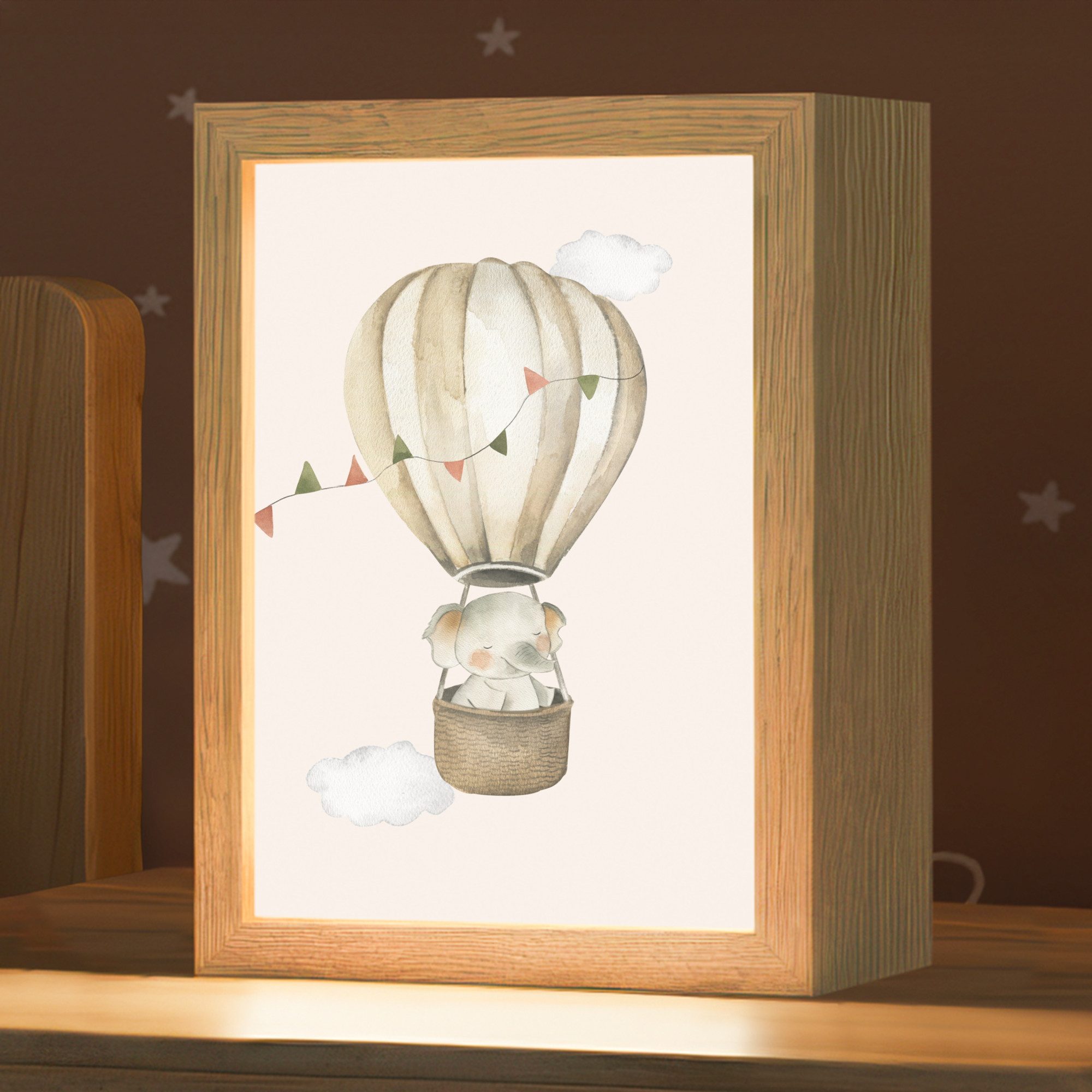 OnlyWow Nachttischlampe Lightbox Heißluftballon - Elefant - Aquarell - Beige - Tiere - Mädchen, Dimmbar, Farbwechsel, LED, Warmweiß, Kaltweiß, Neutralweiß Einstellbar, Kinderzimmer, Babyzimmer, Dimmbar, mit Kabel, Nachtlampe, LED