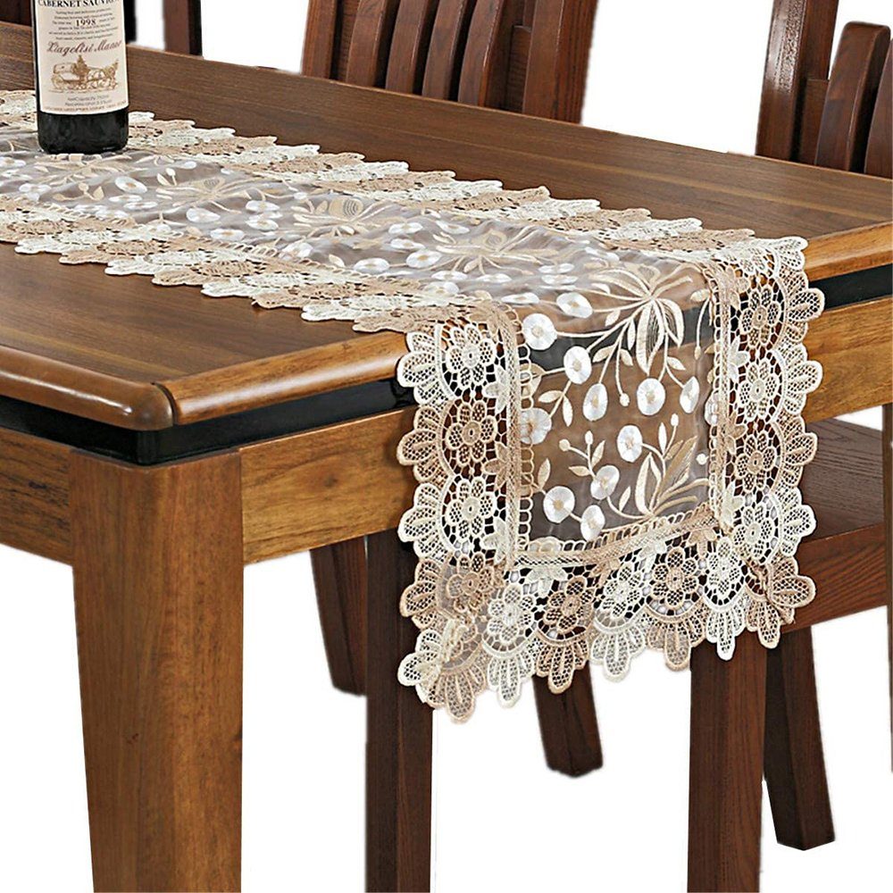 GelldG Tischläufer Spitzen-Tischläufer mit floralem Muster, Polyester, rechteckig hellbraun