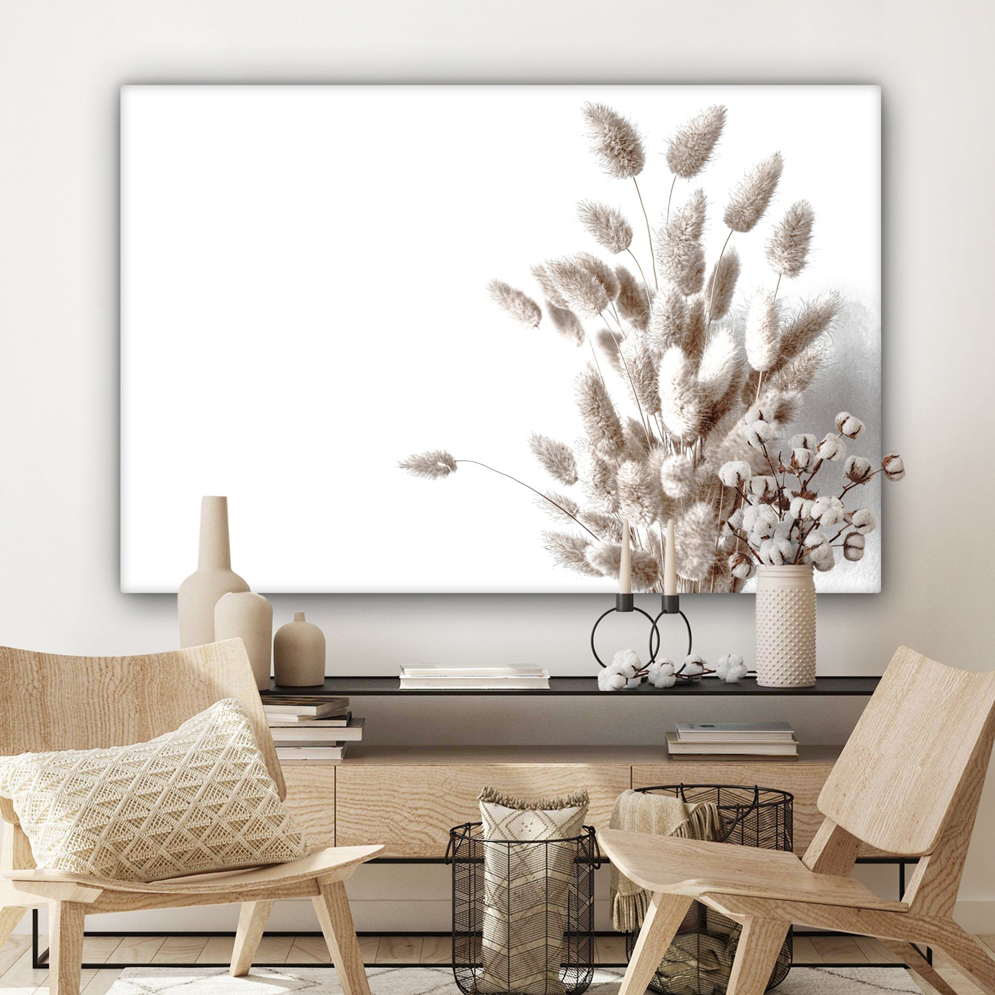 Pflanzen Federn Leinwandbild Wandbild St), 120x80 großes, für Weiß, OneMillionCanvasses® (1 - Gemälde, - Wohnbereiche, alle cm XXL,