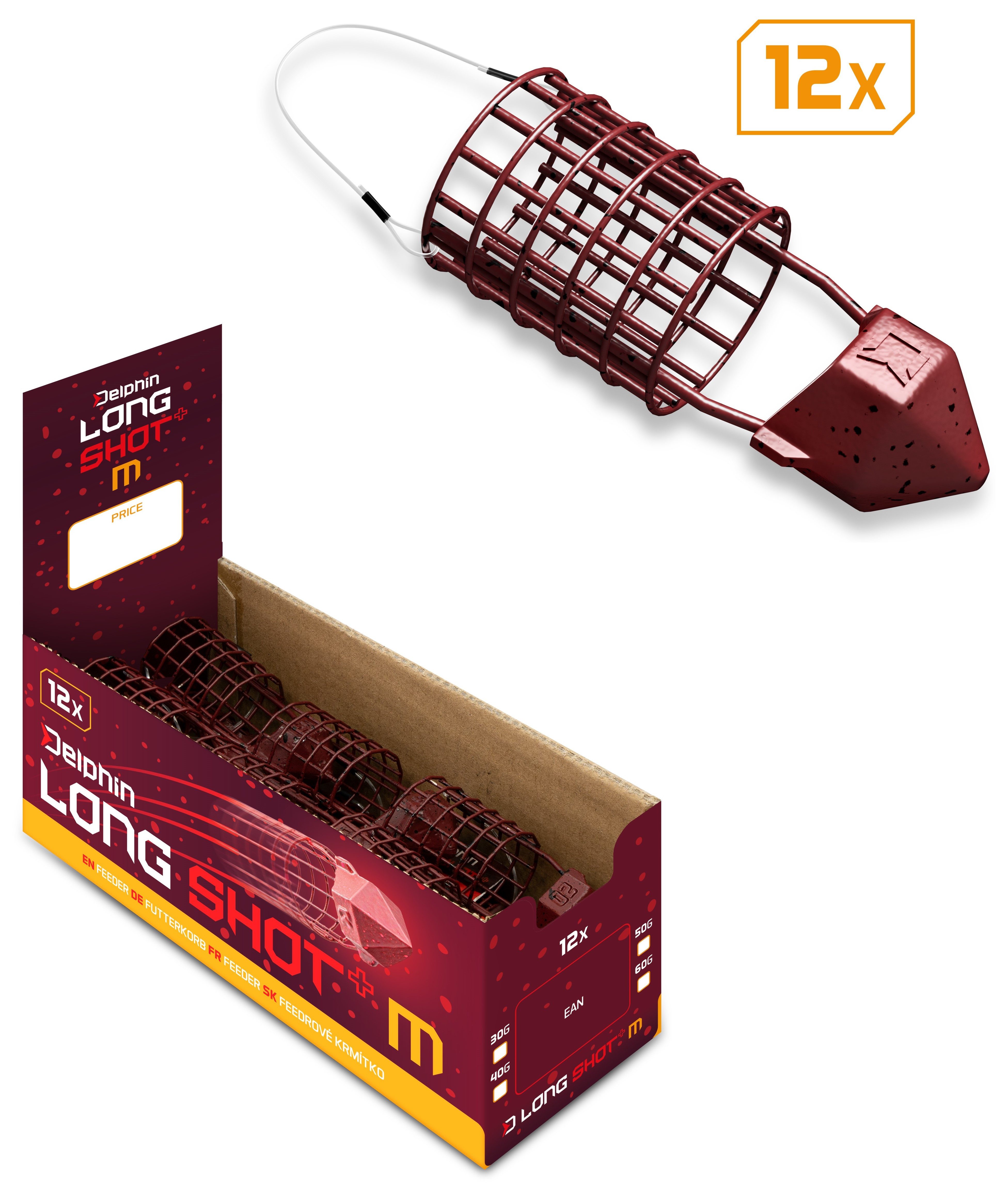 Delphin.sk Feederkorb 12 Stück SET Futterkorb Delphin LongSHOT+ 30g 40g 50g 60g - Feeder, (12-St. 12er SPAR SET), Form gebogenes Sechseck, verhindert das drehen