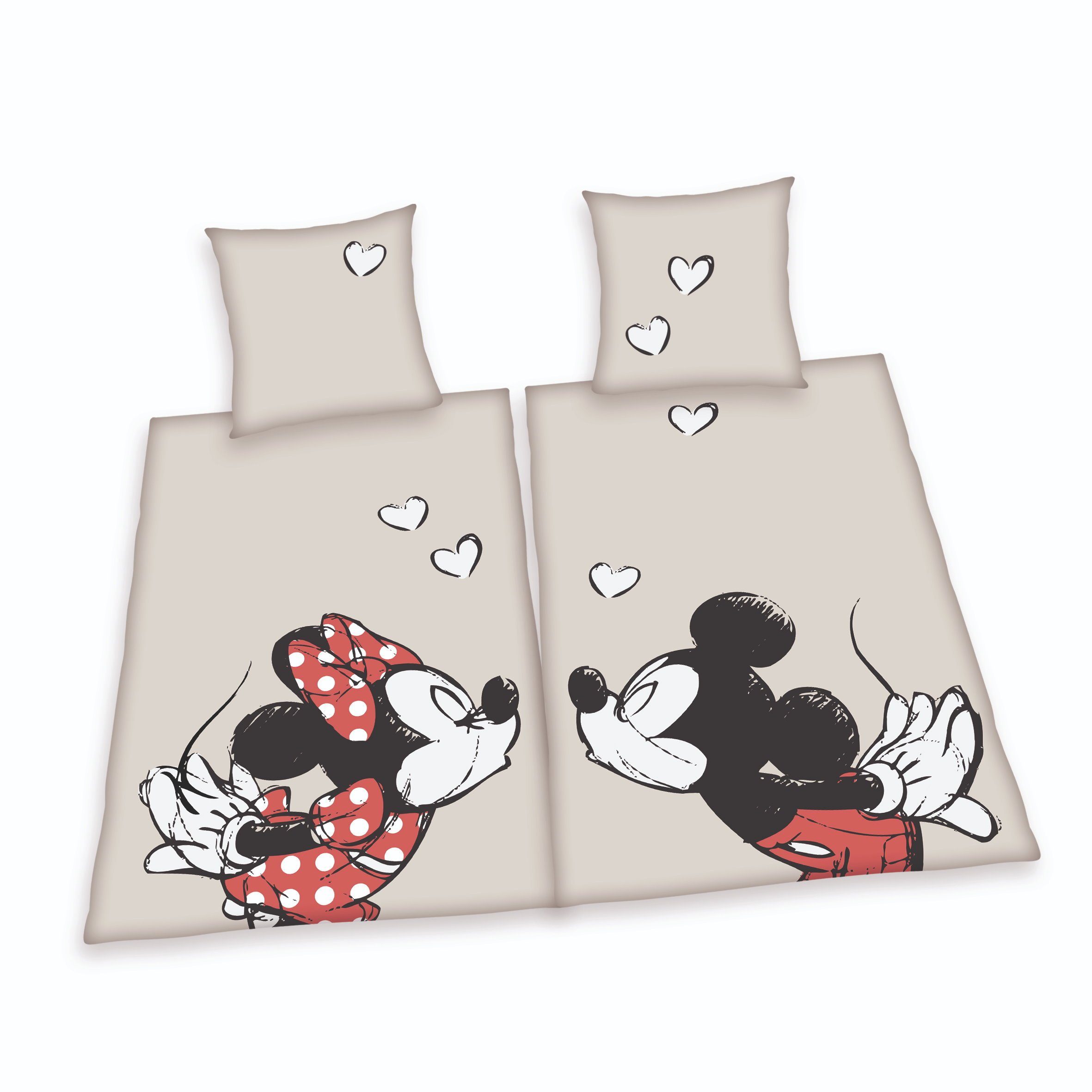 Bettwäsche, Herding, Baumwolle, 4 teilig, Disney Mickey & Minnie Mouse  Partnerbettwäsche Set