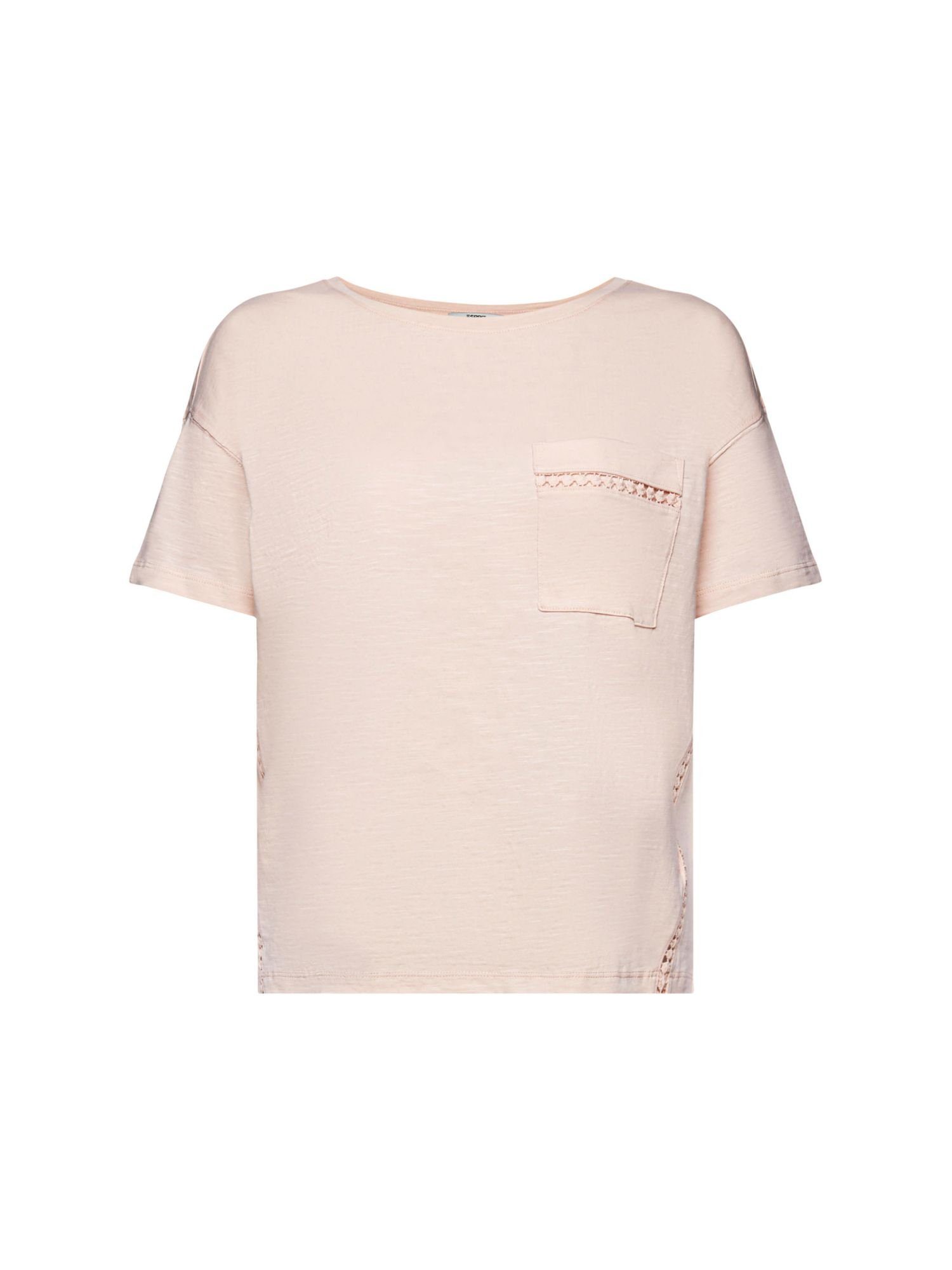 Esprit T-Shirt Baumwoll-T-Shirt mit PASTEL (1-tlg) Spitzenbesatz PINK