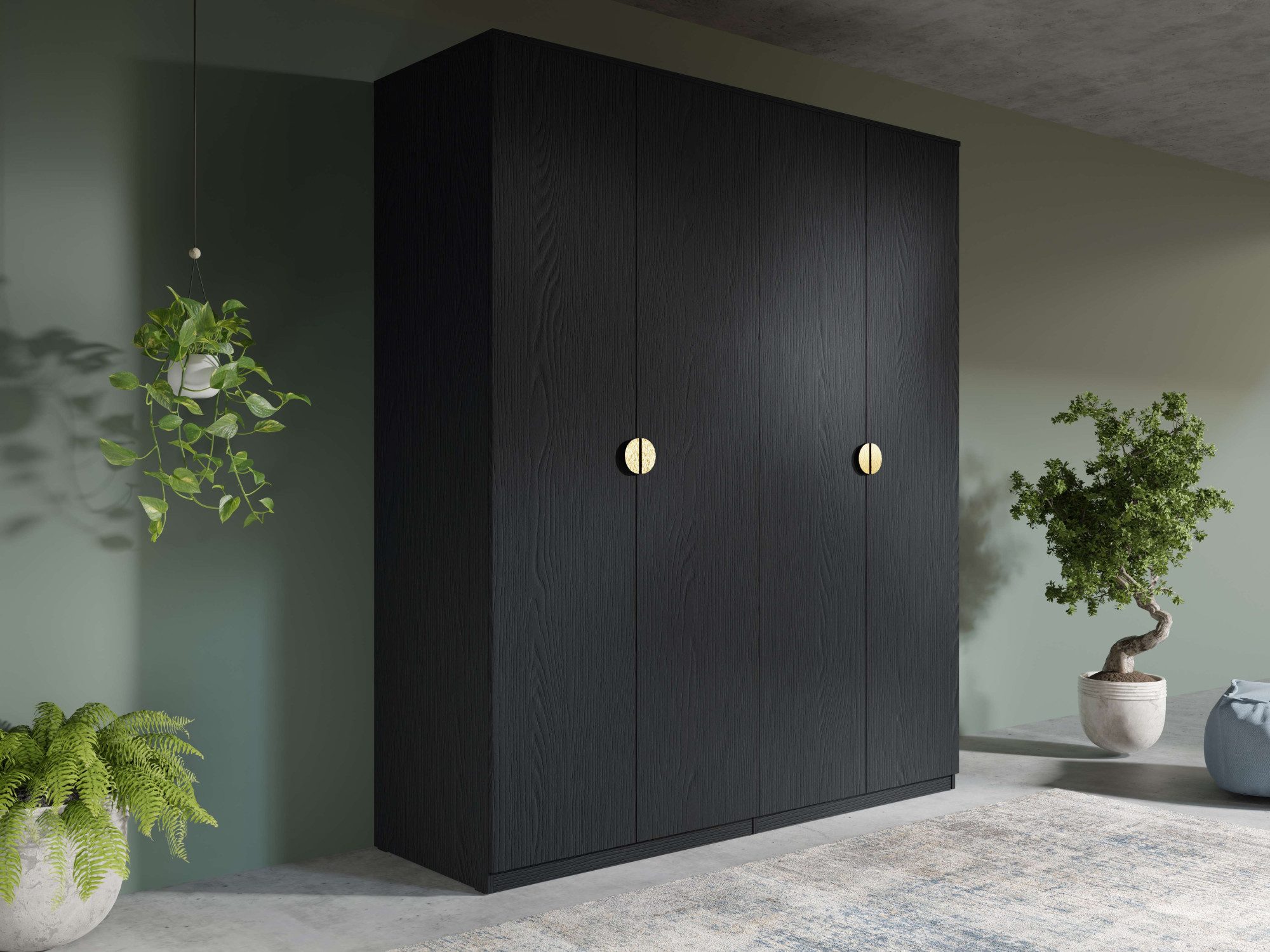Home affaire Kleiderschrank BELLOT Garderobe, Wäscheschrank mit 4 Einlegeböden und 2 Kleiderstange mit 4 Drehtüren und goldenen Griffen, Maße B/T/H: 180/59/209 cm
