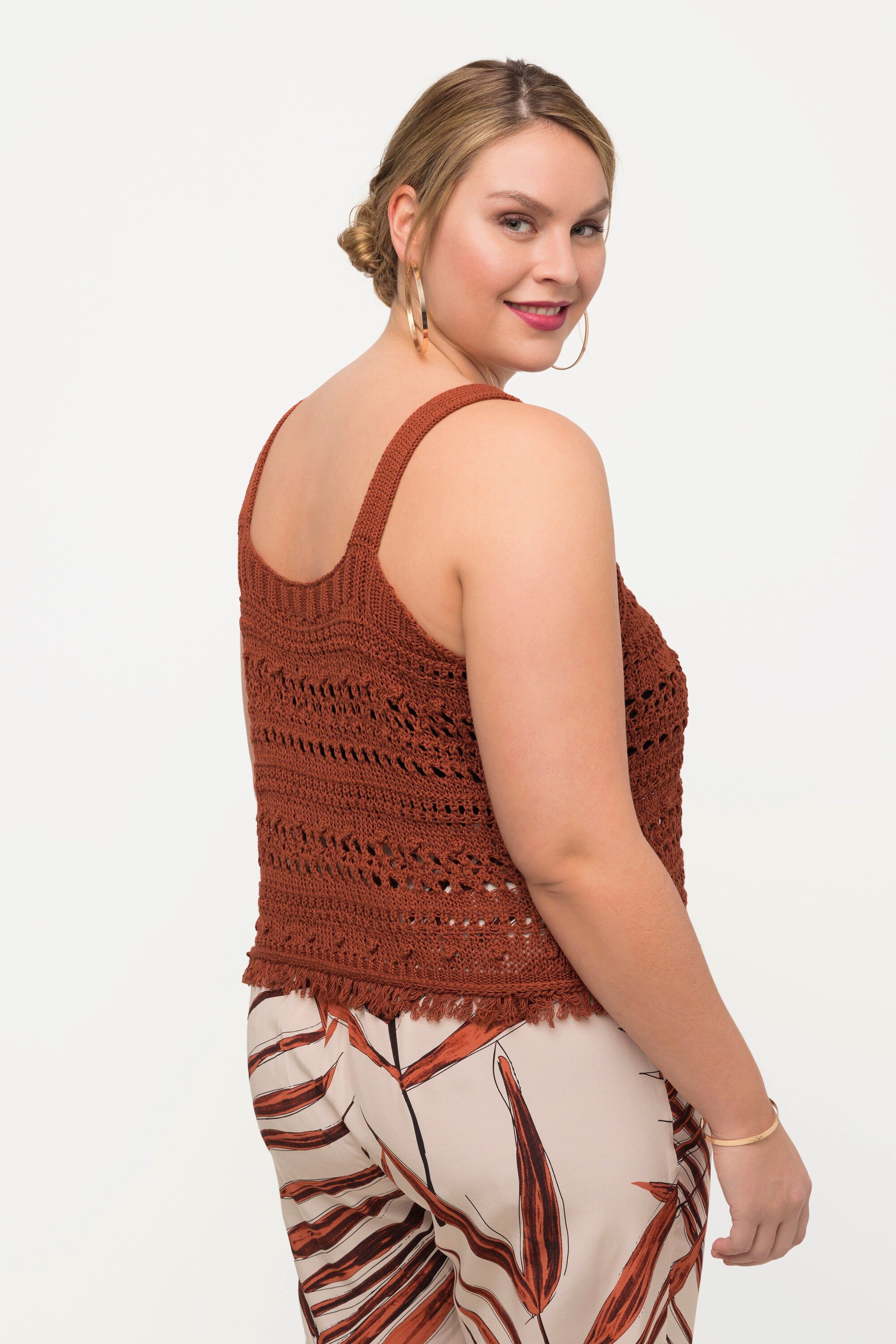 Ulla Popken Strickpullover Stricktop Fransen Classic Rundhals ärmellos