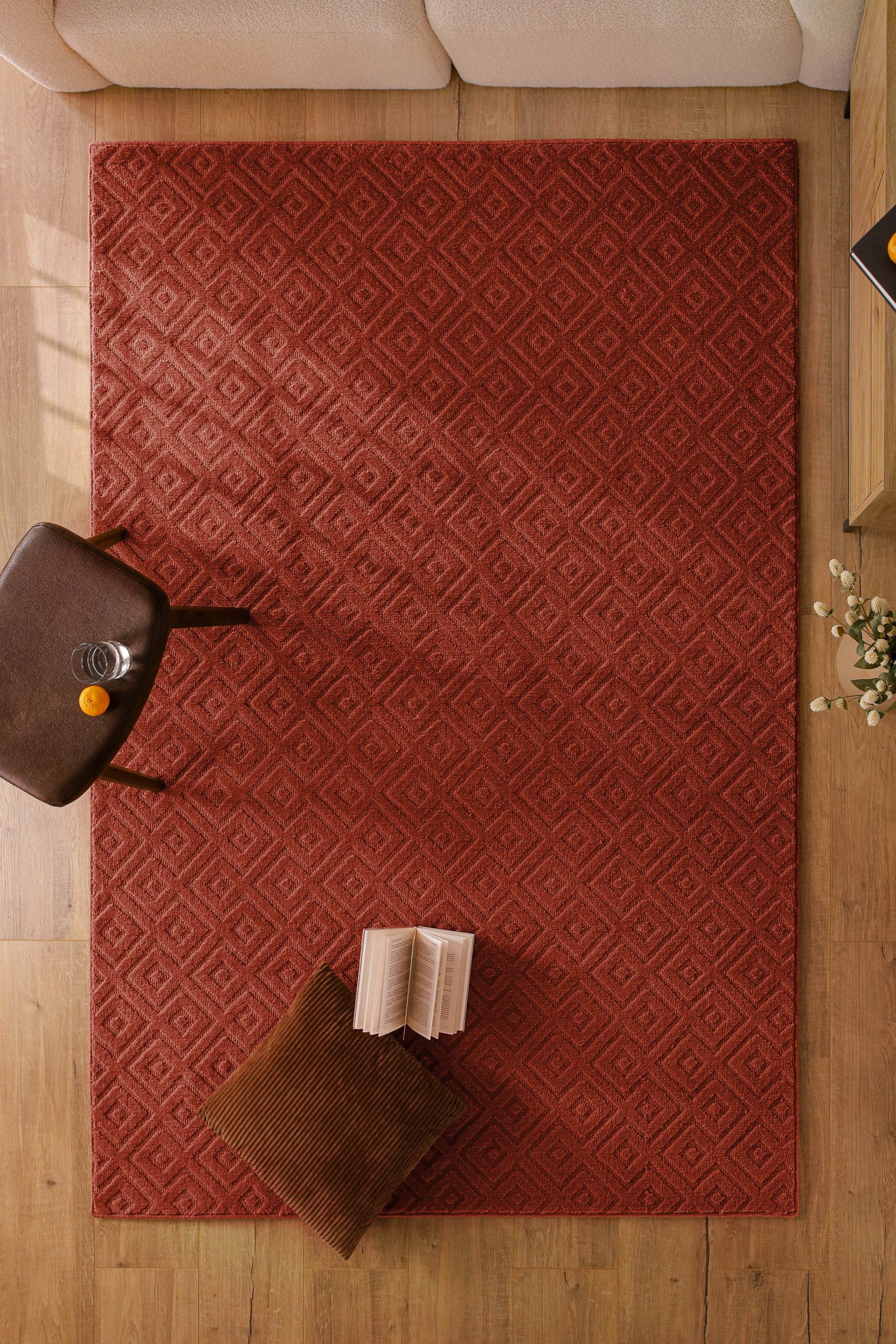 Wecon home Teppich Castello TWO, rechteckig, Höhe: 7 mm, Schurwolle, Kurzflor mit Hoch-Tief-Effekt, Wohnzimmer, Rautenmuster