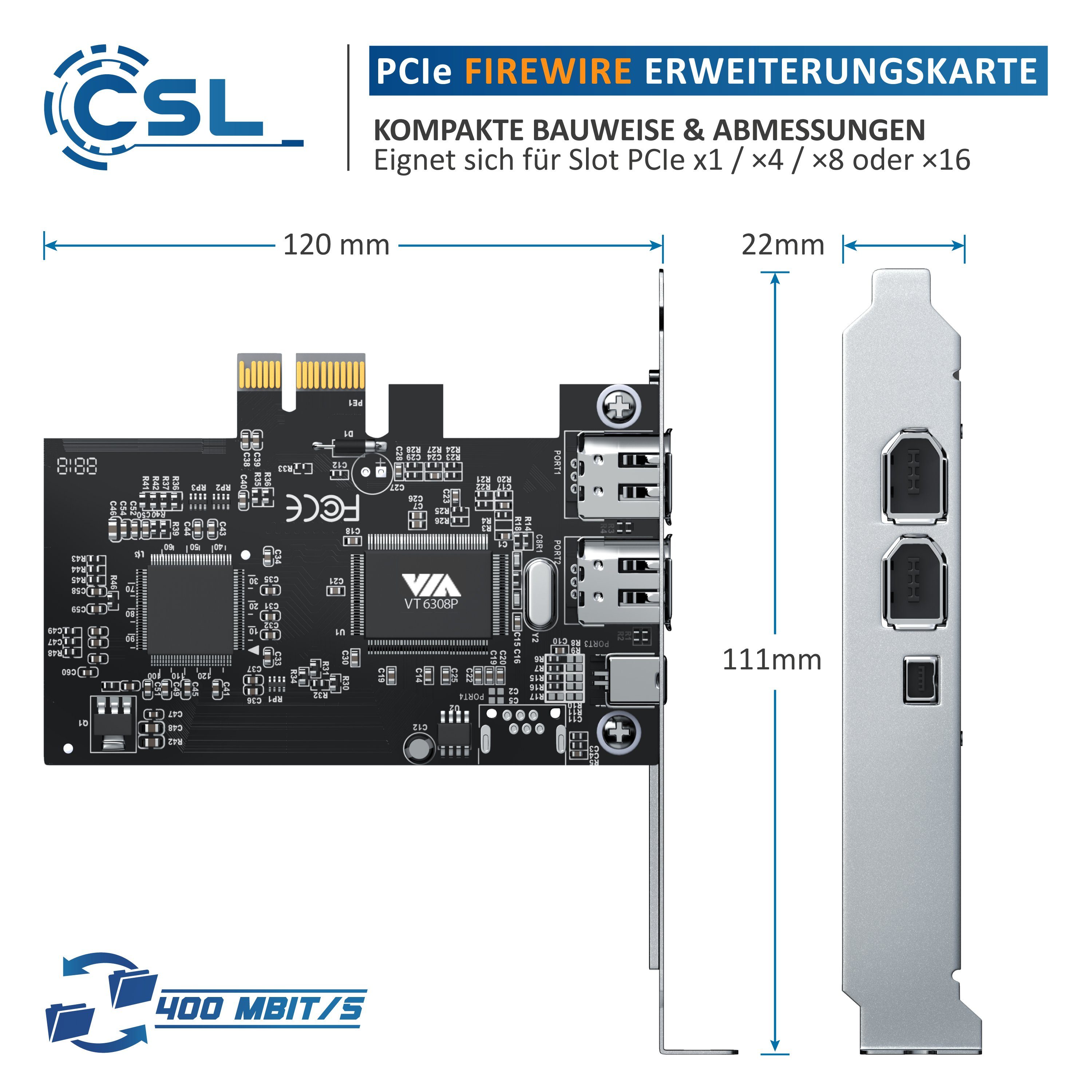 CSL PCI Firewire Karte, Erweiterungskarte, 1394a 1394b Controller Karte Netzwerk-Adapter, PCI-E 3 Anschlüsse, 2 x 6 Pin und 1 x 4 Pin für Desktop-PC