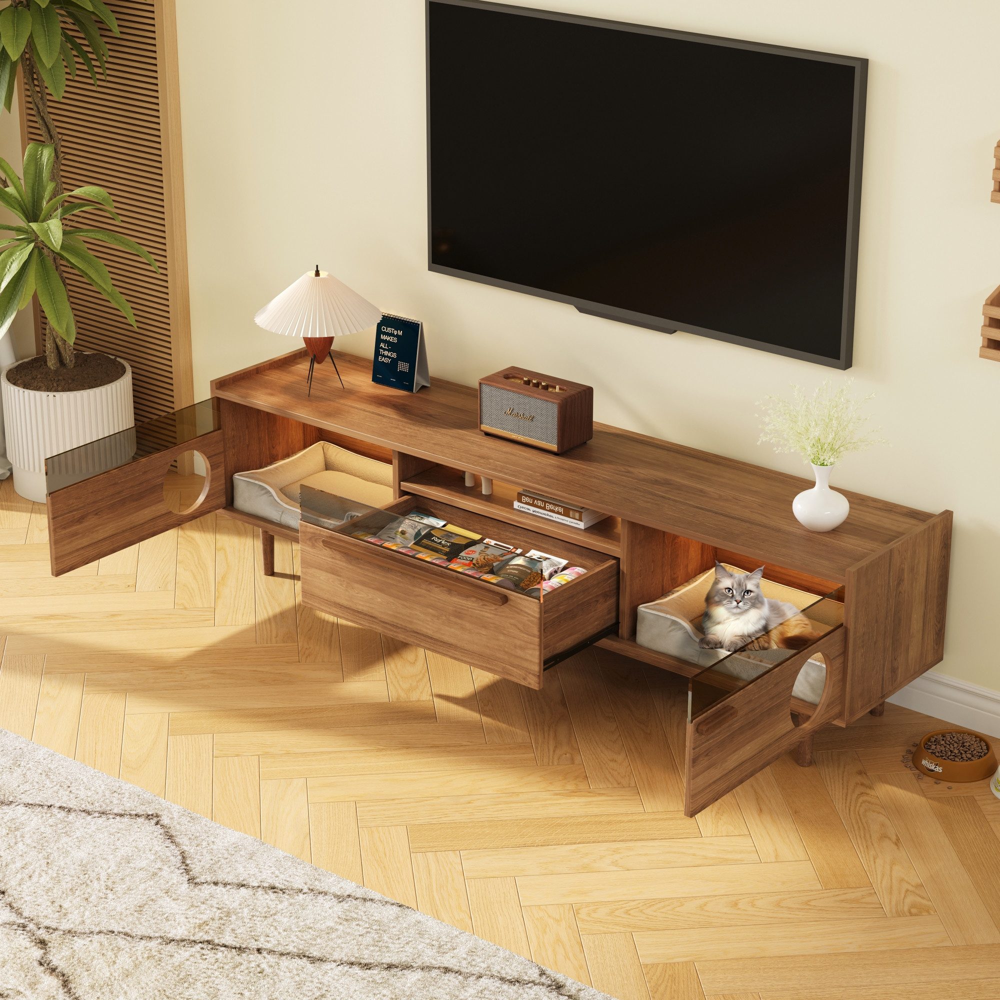 Flieks Lowboard mit LED-Beleuchtung, Glastüren & Schubladen (180×40×50 cm, 1 St), Fernsehschrank TV-Schrank Holzoptik Nussbaumfarbe, Breite 180cm