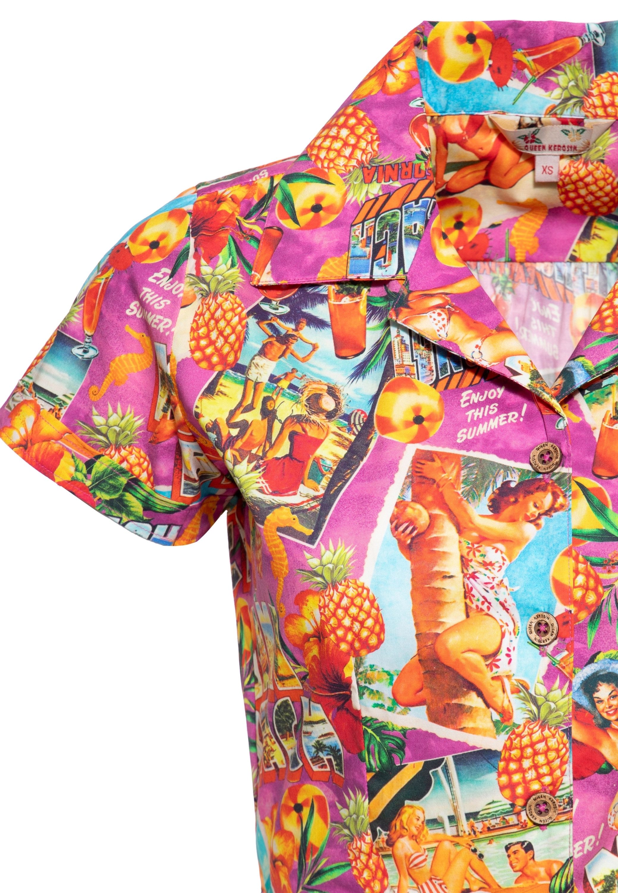 QueenKerosin Kurzarmbluse Miami & Long Beach mit Pin-Up Print