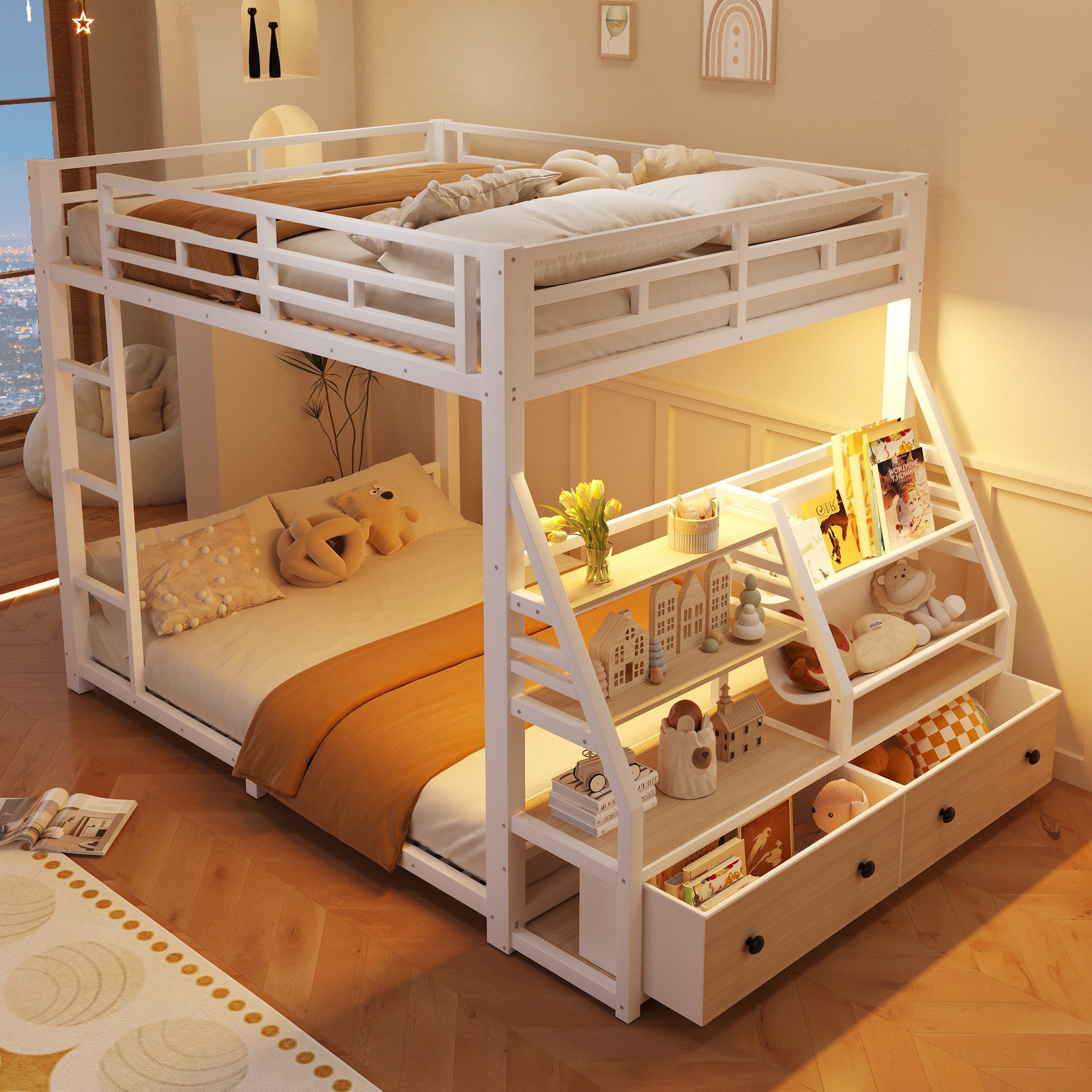 Merax Etagenbett mit LED-Beleuchtung, Metallbett (Jugendbett Stockbett Doppelbett, 1-St), Kinderbett 140x200cm mit Stoffschubladen Ablagefächern Leiter Geländer – Bild 2 von 5