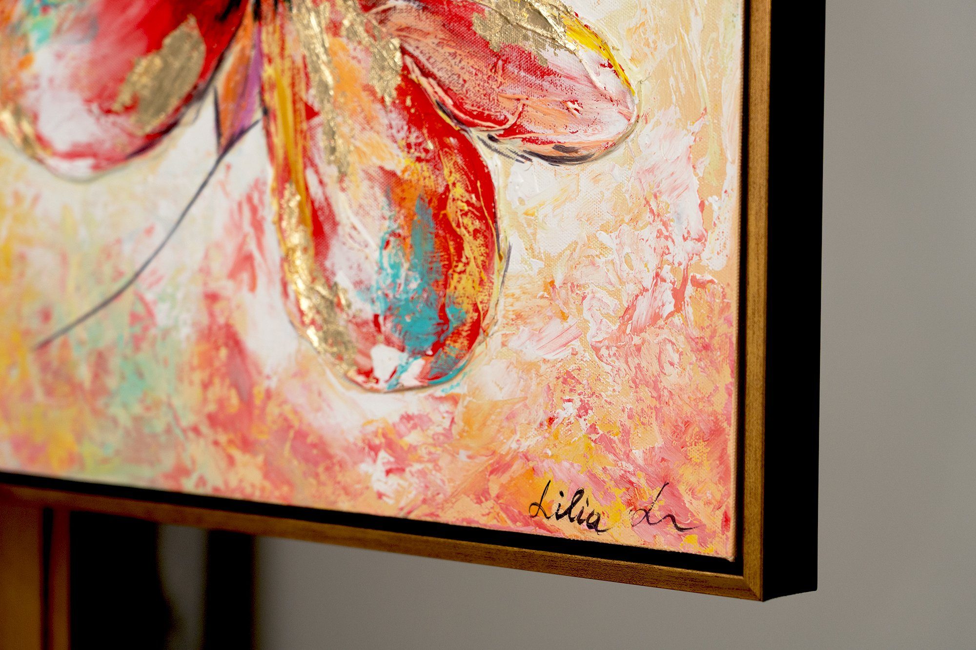 YS-Art Gemälde Schöne Blumen, Blumen, Bunte Blumen auf Leinwand Bild Handgemalt Gold