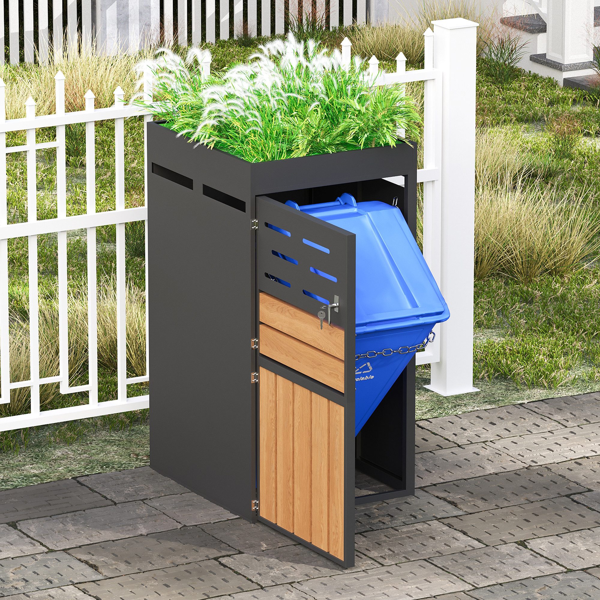 i@home Mülltonnenbox (für 4 Tonnen 240L, 1 St., 1/2/3/4er -Set mit Pflanzkasten & Schloss Doppelter Stauraum), 2-in-1 Mülltonnenschrank & Gartenschrank witterungsbeständig