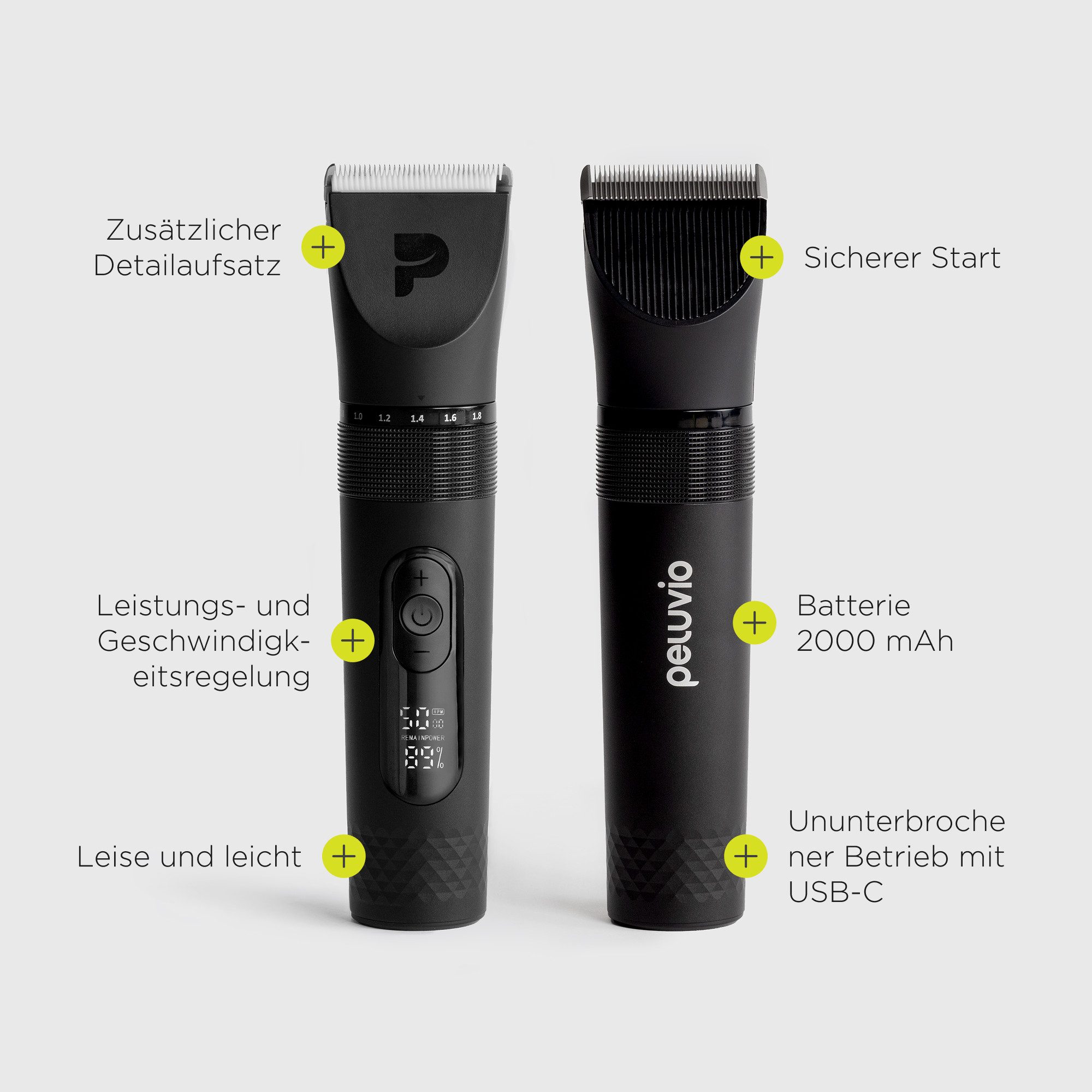 Peluvio Hundeschermaschine NIKOS, mit Zubehör zum Trimmen und Pflegen, USB-C/IPX7/LED/5 Stufen/Keramik-Edelstahl-Klinge