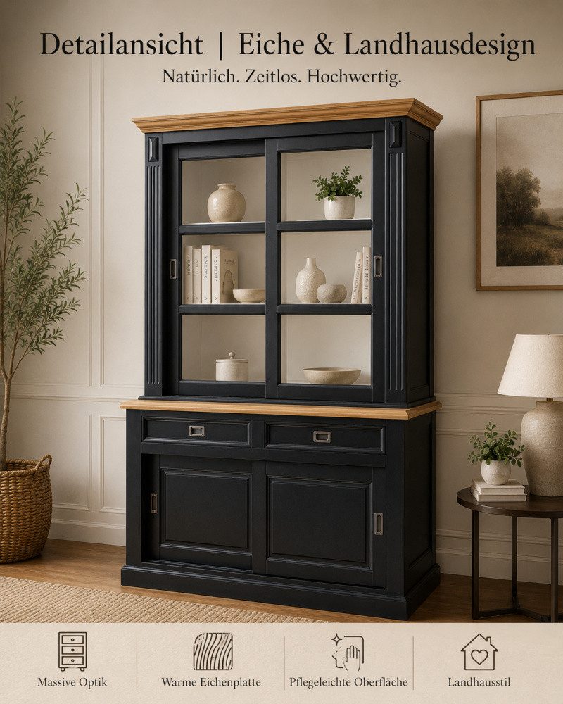 Wohnpalast Vitrine Vitrinen Schrank Vincenza 150 cm Landhaus - Schwarz / Eiche