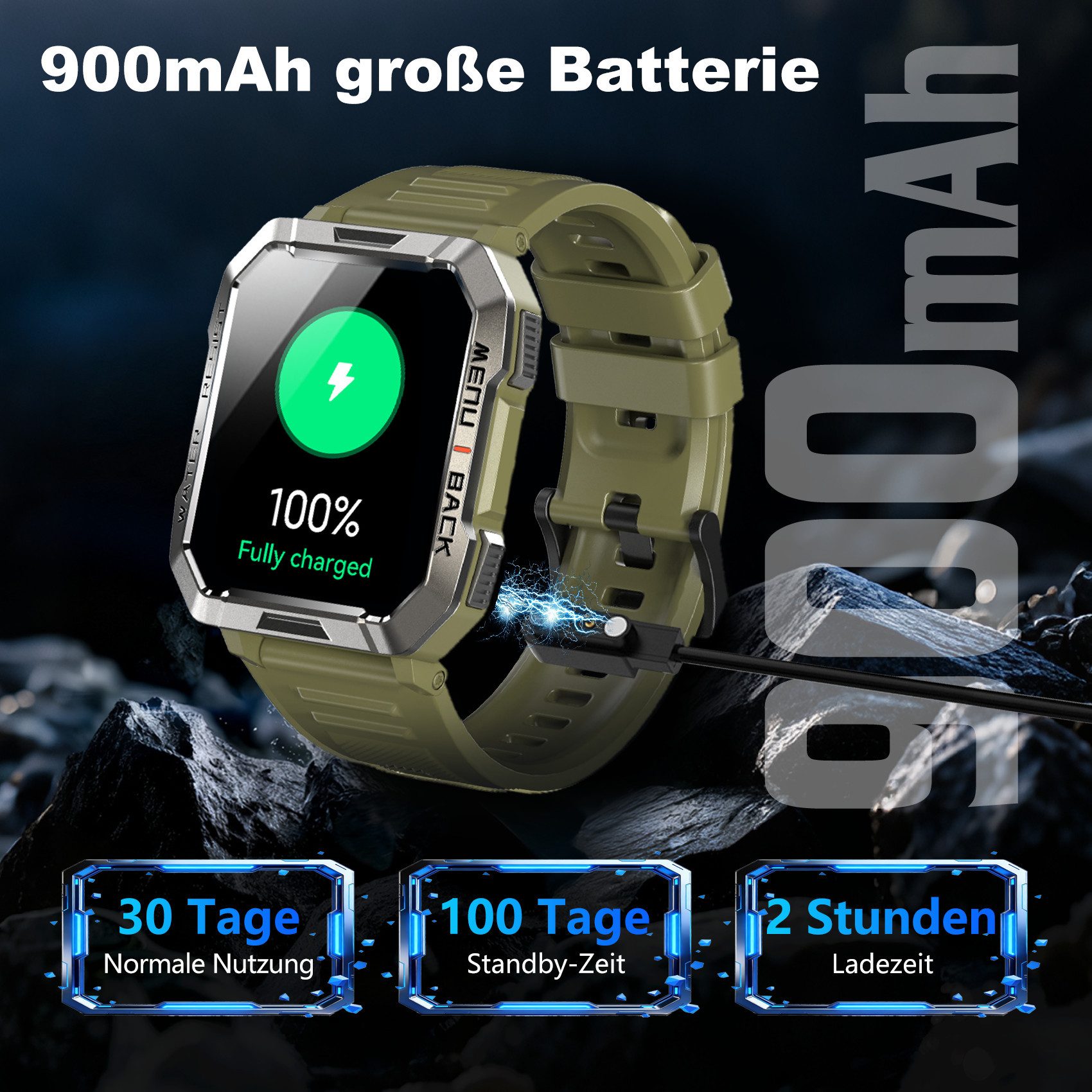 blackview 2026 900-mAh-Akku,Smartwatch Herren Militärqualität,100 Tage Standby Smartwatch (2.01 Zoll, iOS&Android) Packung, 2-tlg., 2 Armbänder / 3 Armbänder und Ladekabel, 2,01", LED Taschenlampe/Kompass/SOS,Schrittzähler, für Android und iOS
