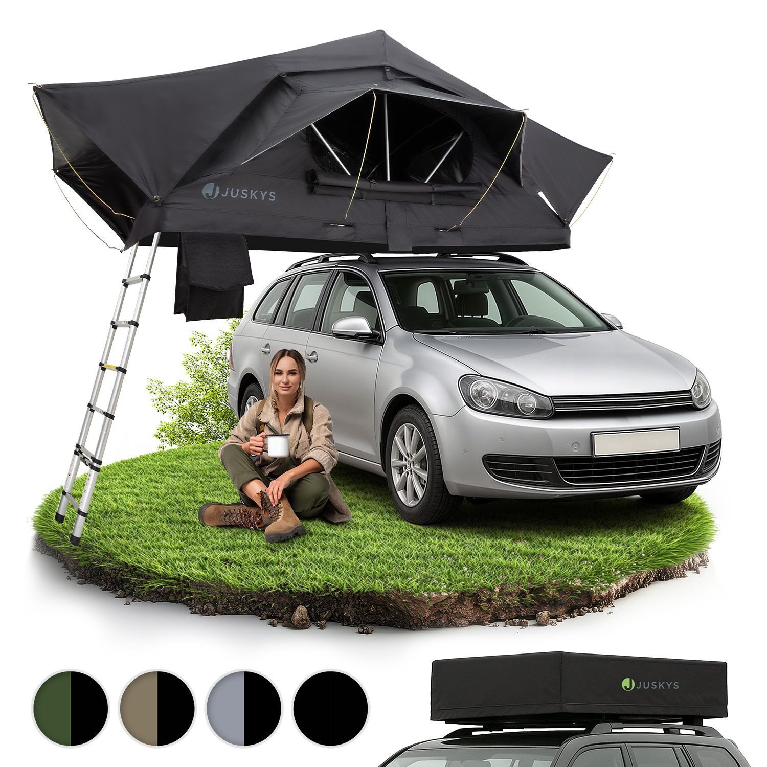 Juskys Dachzelt Lago, Wasserdicht, Teleskopleiter, 2 Personen Zelt, LED Beleuchtung
