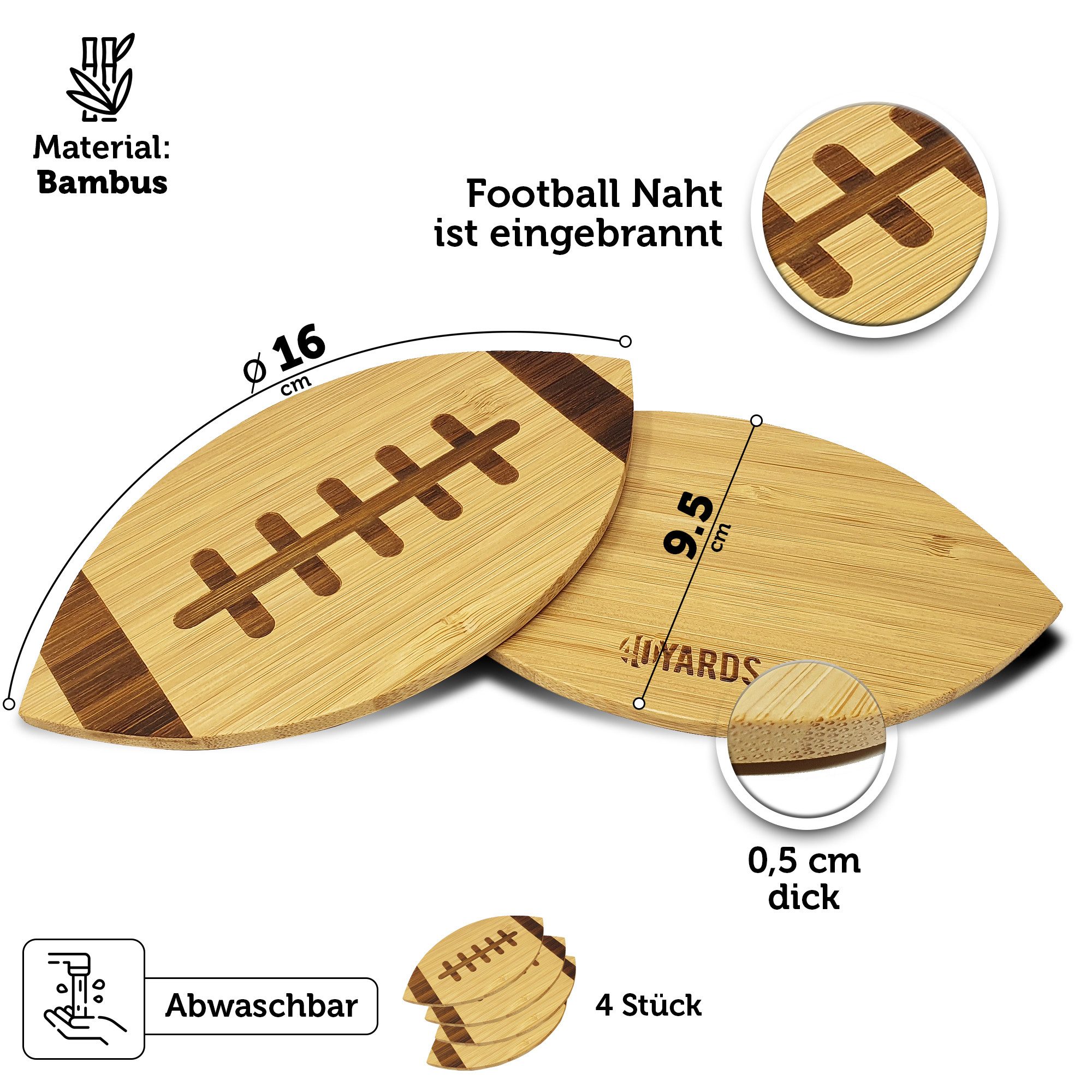 40YARDS Getränkeuntersetzer American Football Untersetzer aus Bambus (4 Stück) - eingravierte Naht, Zubehör für 40YARDS Football Gläser & Tassen, Set, 4-tlg., Bambus Holz